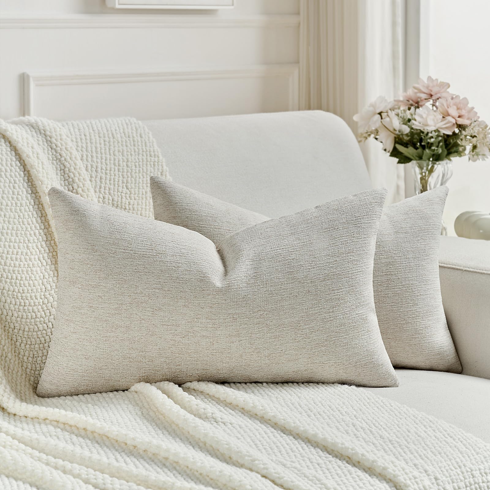 FUTEI Set of 2 Soft Chenille 30x50 cm Cushion Covers Textured Natural Faux Linen Scatter Pillowcase 30 x 50 cm Farmhouse Accent for Sofa Bedroom Living Room, Natural