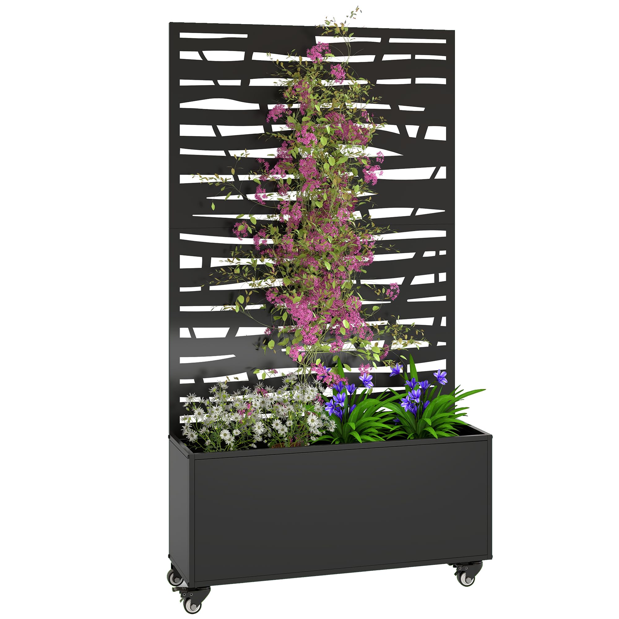 Outsunny Donica na kwiaty z kratką, metalowa donica na kwiaty, podwyższone łóżko z osłoną i kółkami, kratka cięta na rośliny pnące, warzywa, kwiaty, 90 x 30 x 160 cm, czarna