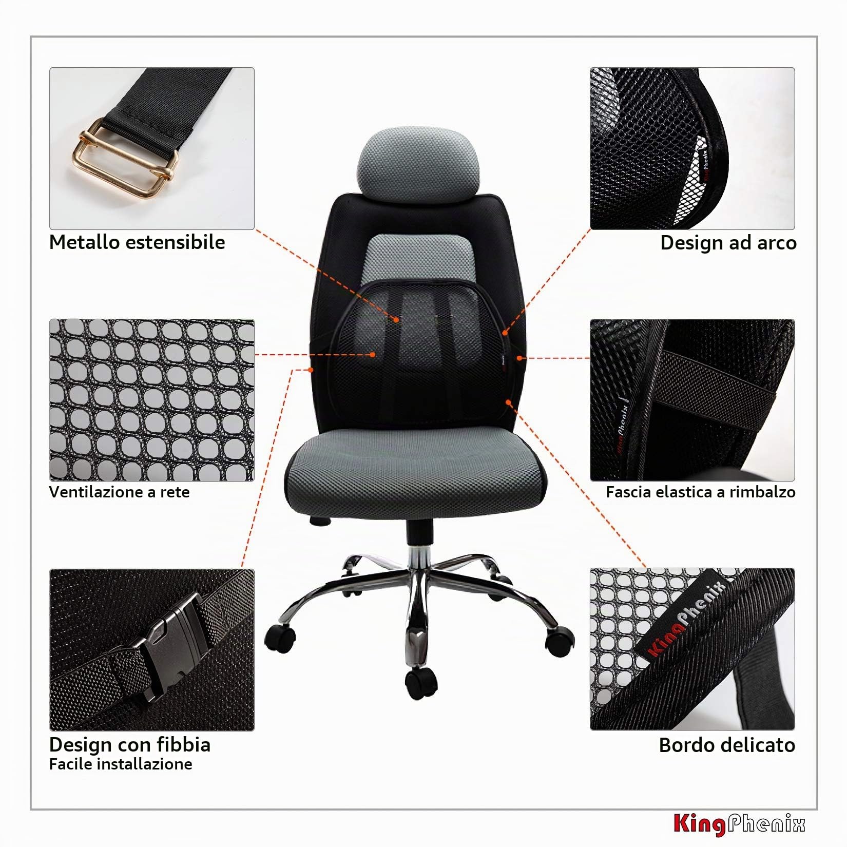kingphenix Supporto (confezione da 2) con rete traspirante, adatto per auto, sedia da ufficio