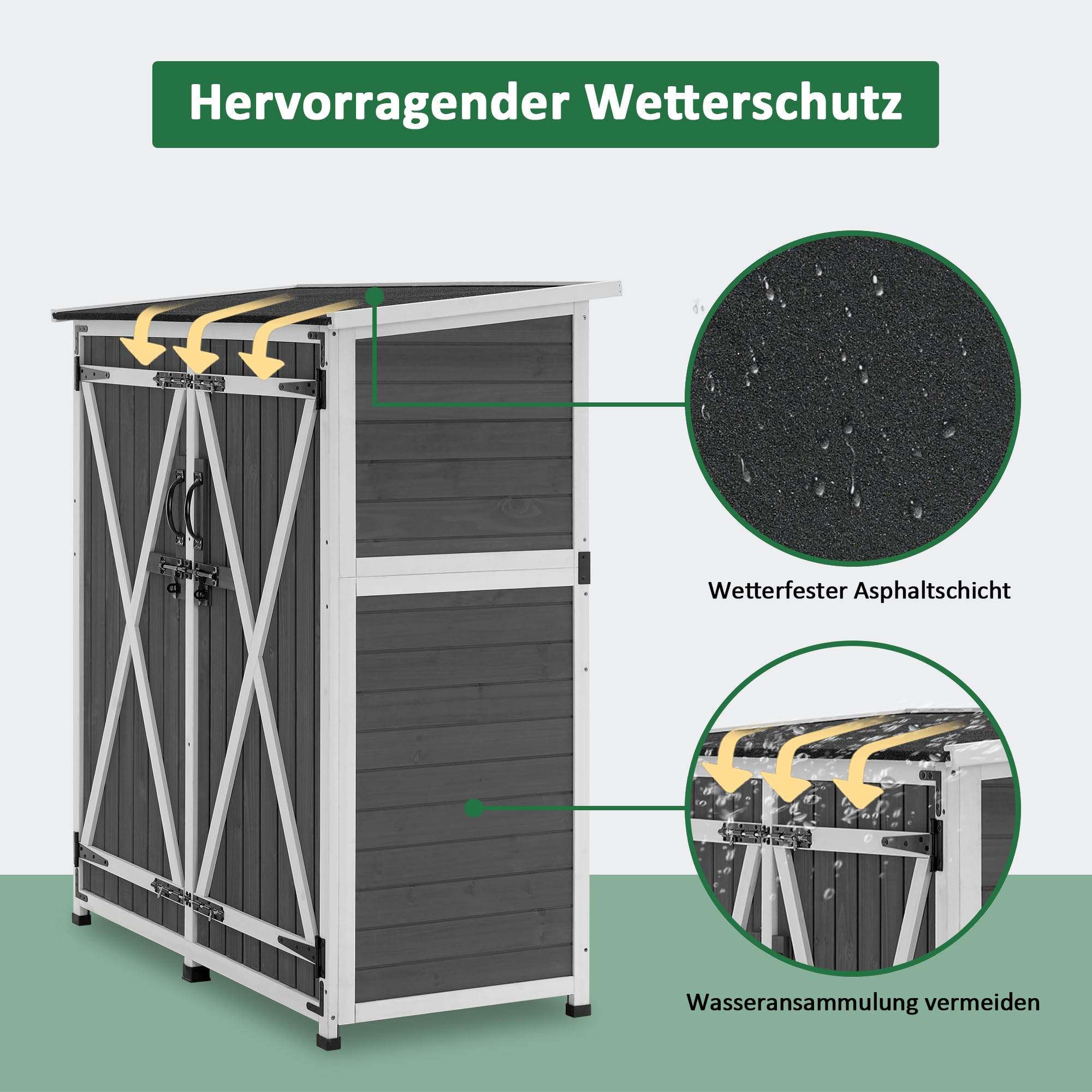M MCombo Gartenschrank Holz Wetterfest, Klein Outdoor Gartenhaus Gerätehaus, für Außenbereich & Balkon & Terrasse, 122×60×137cm, 0707 (Grau)
