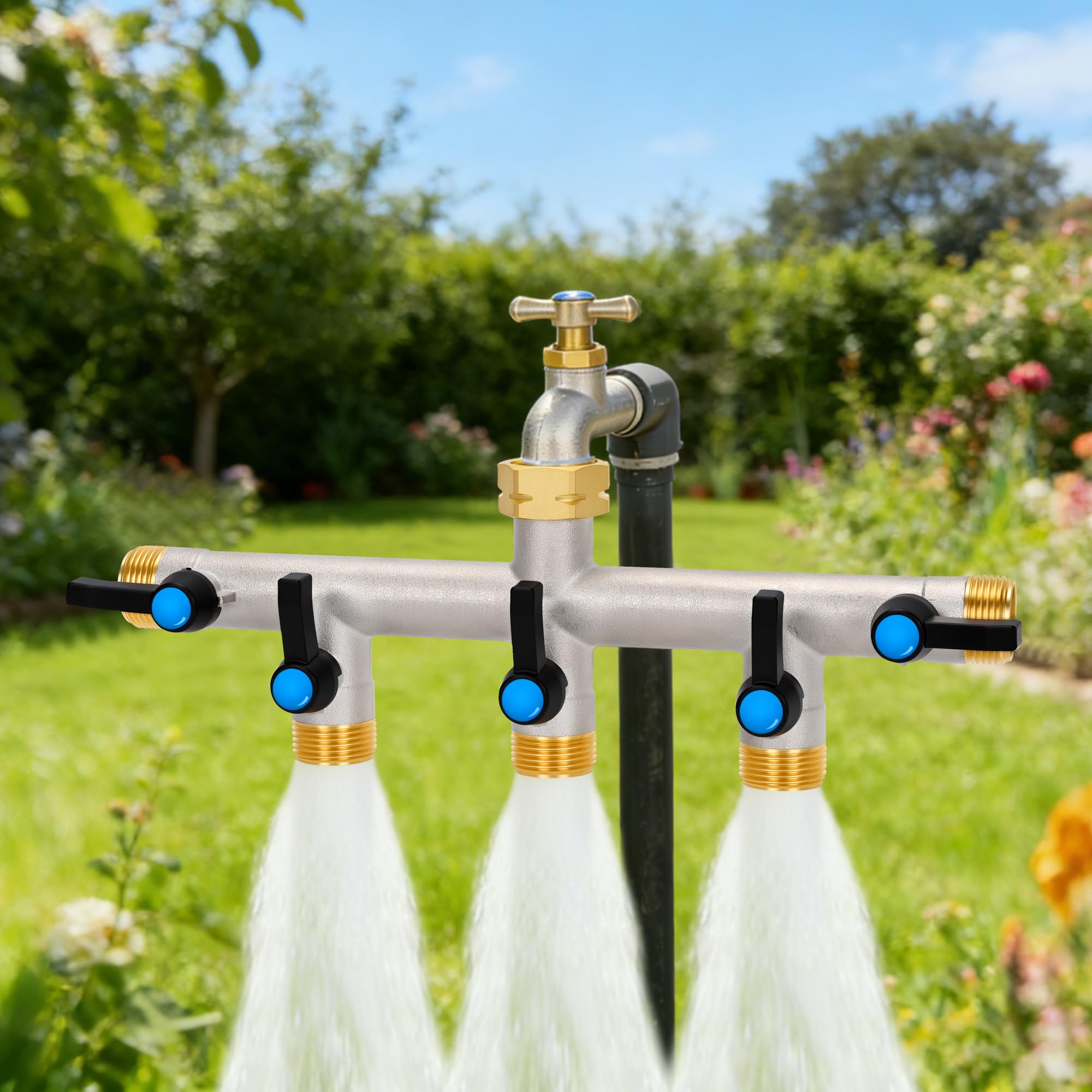 Distributore a 5 vie [Grande flusso], 3/4 pollici, distributore d'acqua in ottone nichelato, manico in metallo allungato, uscita più grande per un'irrigazione più efficiente del giardino
