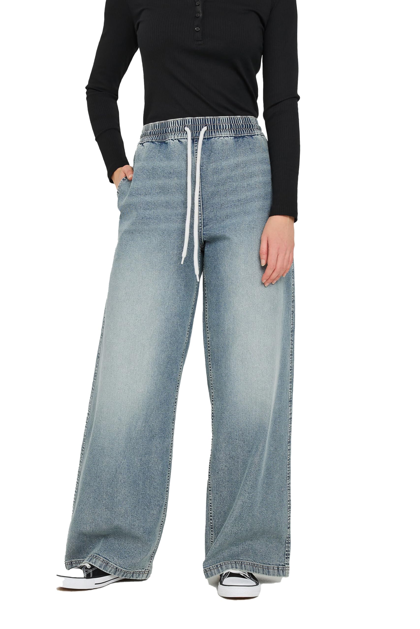 Long Tall Sally - LTS Tall Mid Washed Denim Pull-On Wide Leg Jeans - Women's