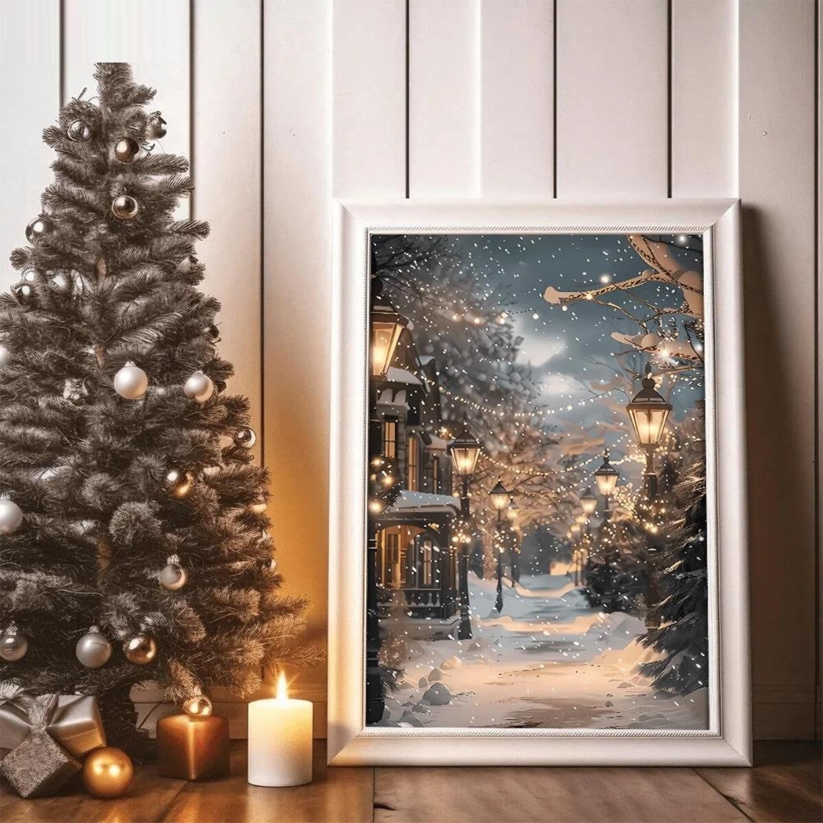 Baibexing Cozy Snowy Street Scene With Lanterns & Snowflakes Canvas Painting Poster And Prints Wall Art Picture For Living Room Home Decor 40X50Cm Unframed