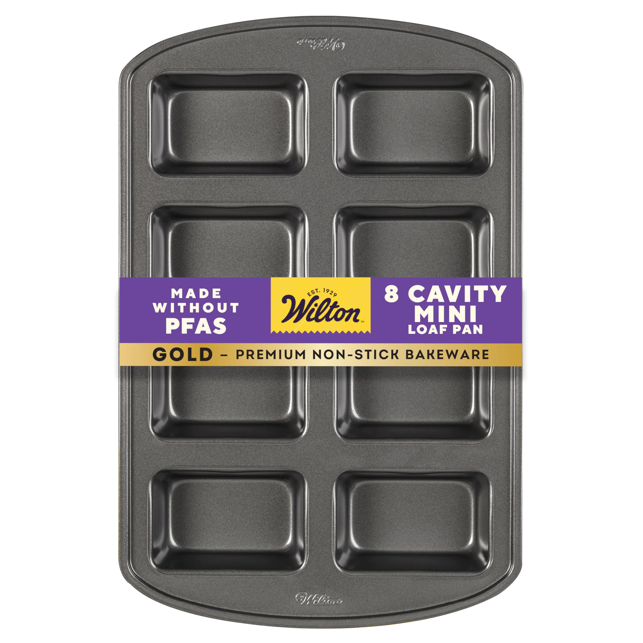 Wilton Gold Premium Non-Stick Warp-Resistant Bakeware, Made without PFAs, Mini Loaf Pan, 8-cavity, 15 x 10 x 1.5 in, Packaging May Vary