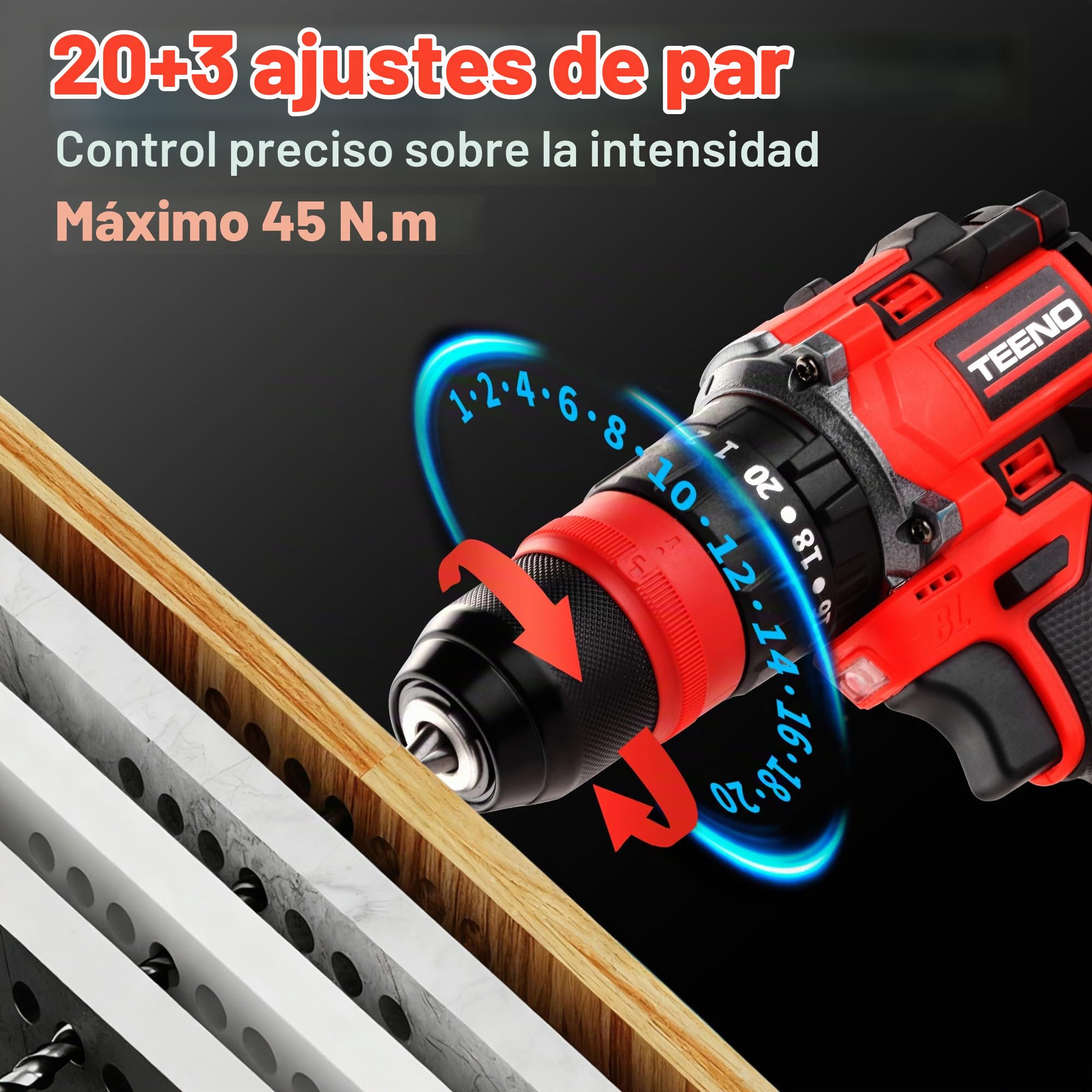 TEENO Taladro Percutor a Batería 18V Sin Escobillas, Kit de Destornillador Eléctrico, 20+3 Velocidades, Max 45Nm, con Adaptador de Desplazamiento, Mandril de Sujeción Rápida, LED