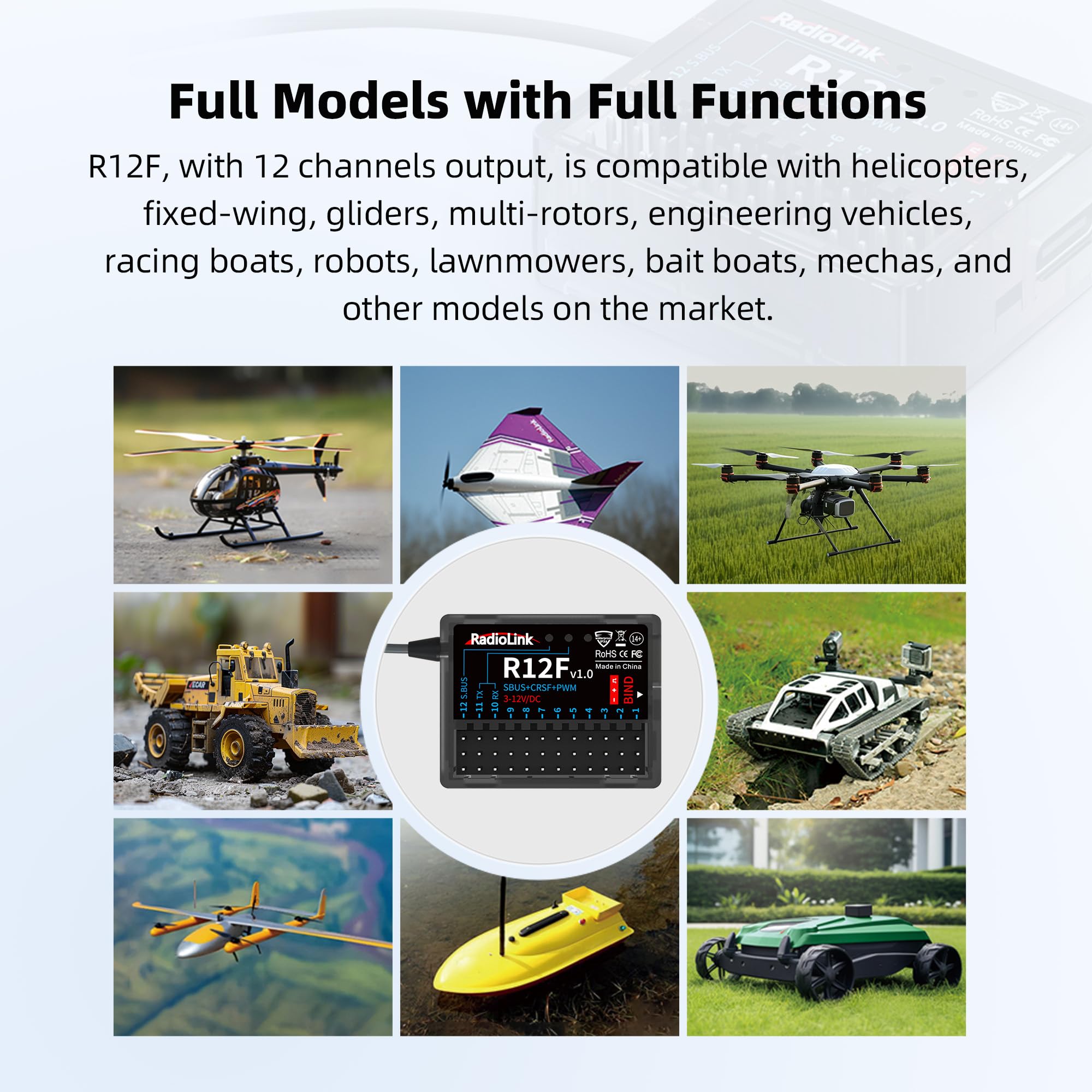 Radiolink R12F Récepteur RC 12 canaux 4 km Contrôle longue portée Tension Télémétrie Récepteur RC pour drone RC Avion, Jet, Voiture Fonctionne pour Émetteur Radiolink T12D/T16D/T8S/T8FB/RC8X/RC6GS