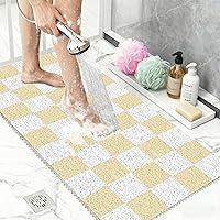 BLESWIN Extra Large 32x24 Non-Slip Loofah Shower Mat, Fast Drying Foot Scrubber Bath Mat for Wet Areas, Beige Checkered PVC
