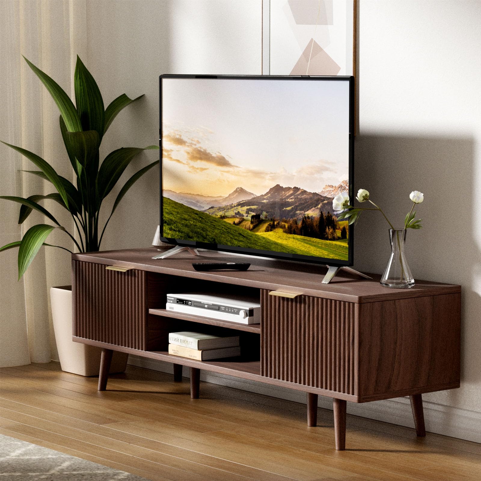 Meuble TV Bois 140cm Longueur Meuble Télé avec rangement pour Télévision Jusqu'à 60 Pouces 2 Étagères Ouvertes et 2 Portes 140 X 40 X 47 cm pour Salon, Chambre, Salle De Divertissement, Bois Foncé