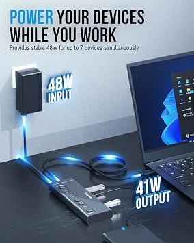 SABRENT 7-Port USB-C Hub, 48W Powered, 5Gbps, 3 USB-A + 4 USB-C (HB-3A4C) | 20W PD; LED status; aluminum body; power switches; for Mac, PC, Steam Deck, ROG Ally