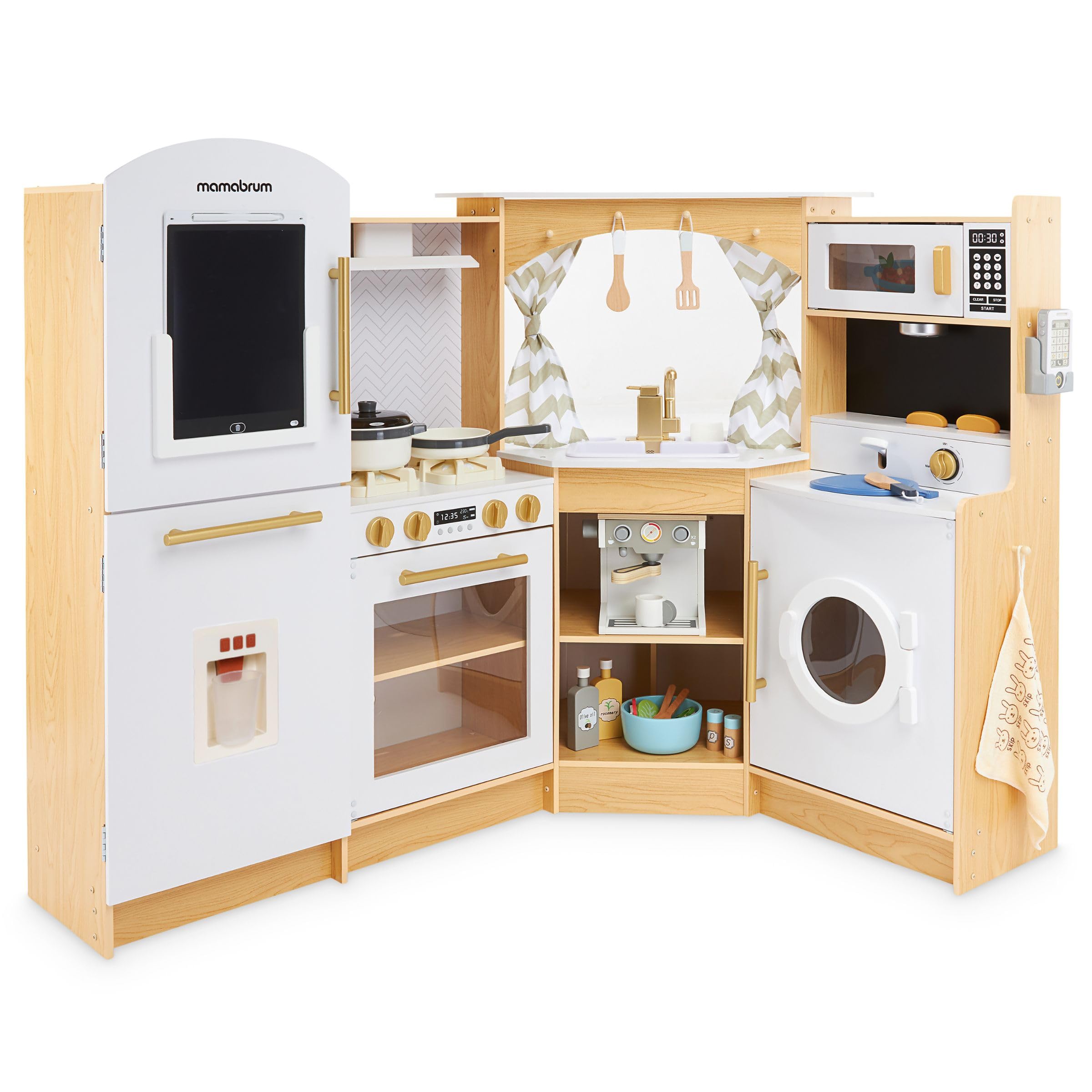 Mamabrum Cucina in Legno per Bambini 3+, Set XXXL con Luci LED, Caffettiera, Pentole, Frutta e Verdura | 50 Pezzi di Accessori Giocattolo