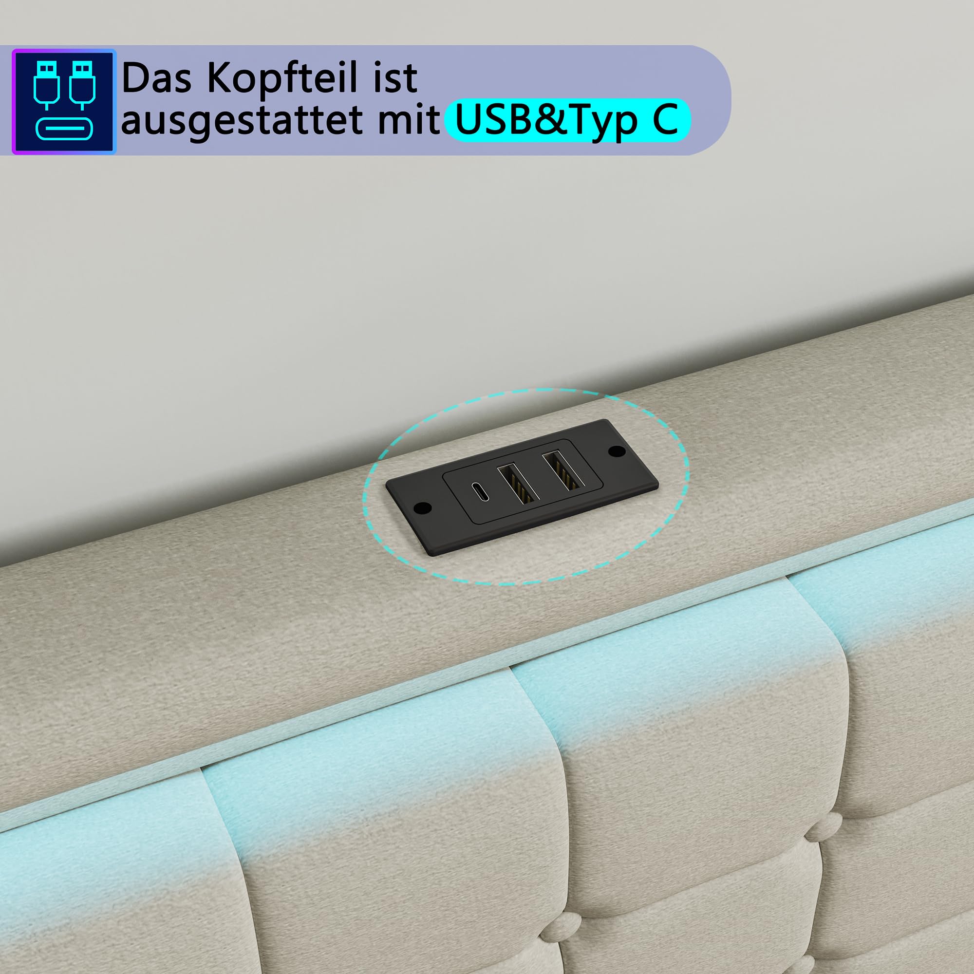 LIVLUX Lit 140x190 avec Sommier LED et USB,lit Double rembourré avec sommier à Lattes et 4 Tiroirs,lit 2 Personnes pour Adultes et Adolescents,Lin (Beige, 140 x 190 cm)