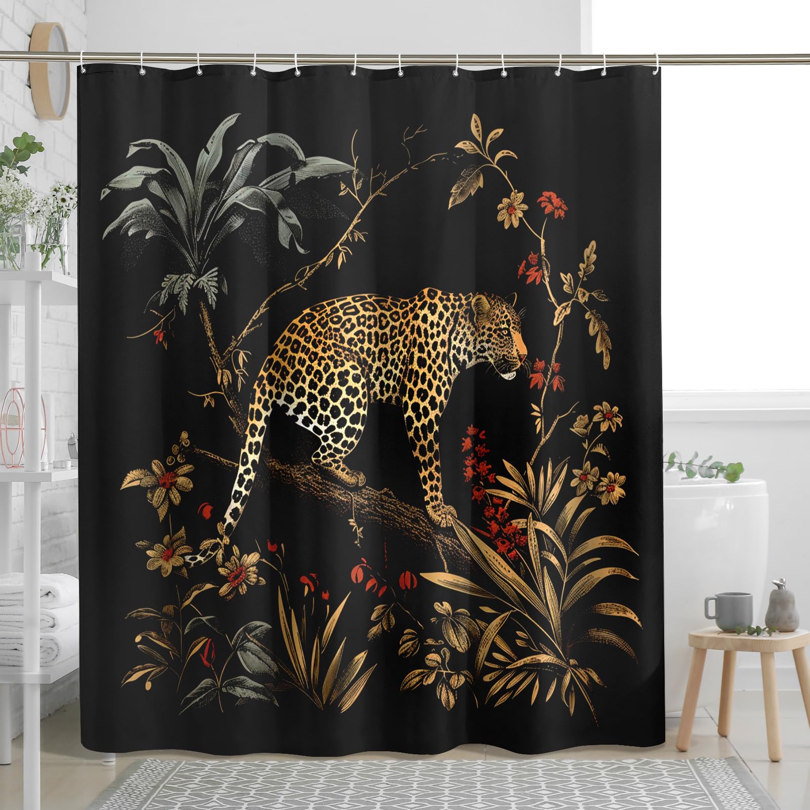 Cortina de ducha con estampado animal negro y dorado para decoración de baño, diseño de jaguar tropical, cortina de ducha de tela impermeable con ganchos, 72 x 72 pulgadas
