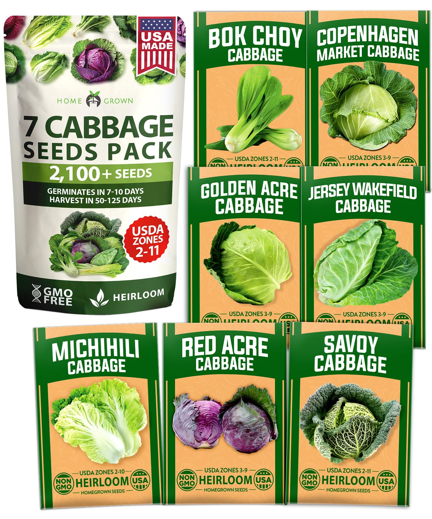 HOME GROWN 7 Cabbage Variety Mix 2000+ Vegetable Seeds