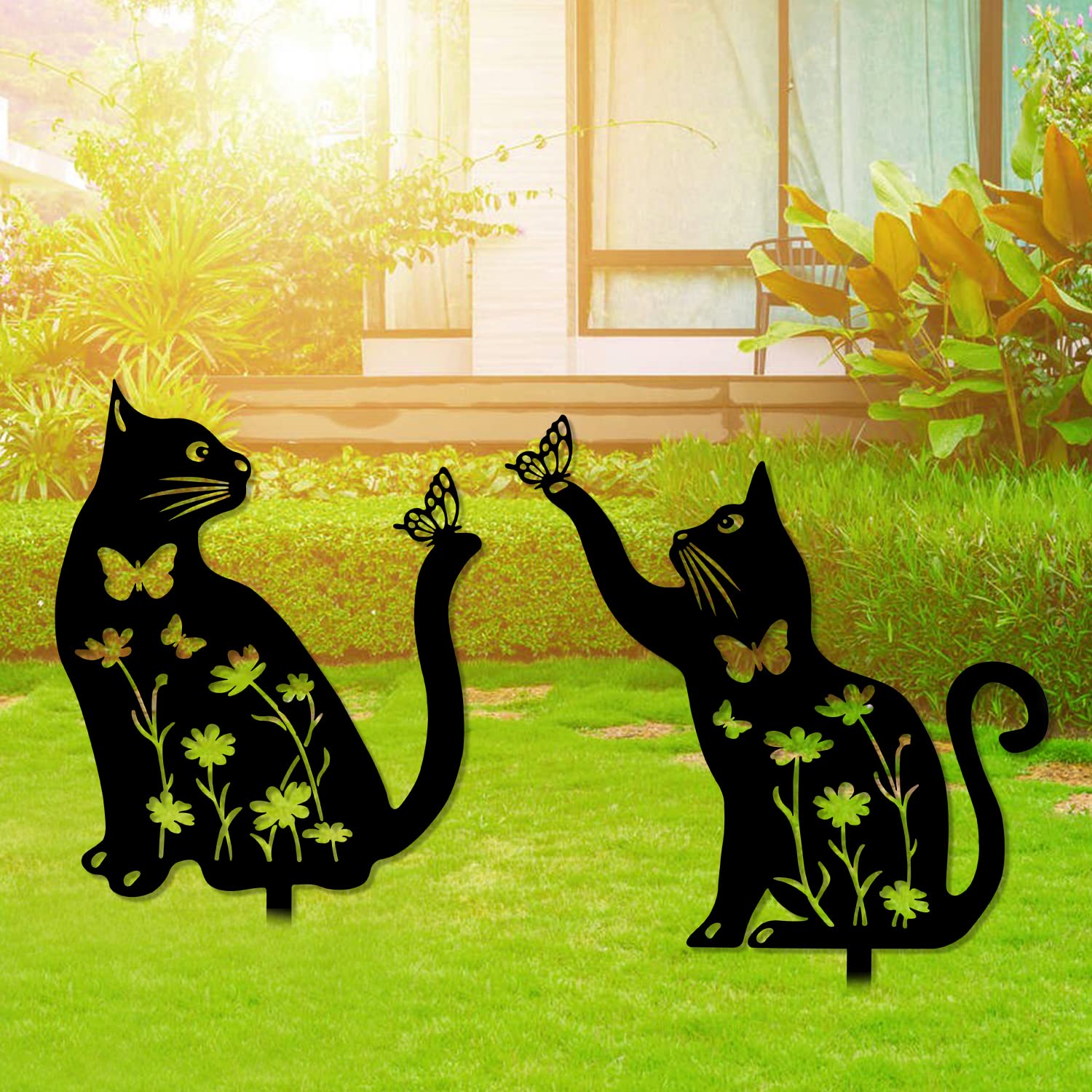 BESPORTBLE Garten-Deko – Schwarze Katzen-Statue Aus Eisen, Ca. 27 X 29 Cm, Mit Erdspieß (für Garten, Hof & Rasen)