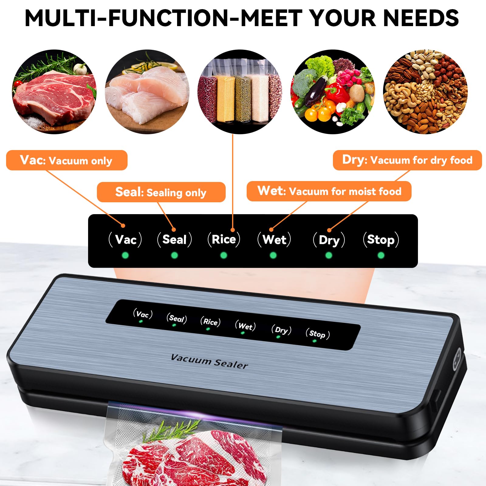 Machine Sous Vide Alimentaire 5 en 1, Appareils de Mise Sous Vide Compacte, 50 Sacs Sous Vide Inclus, Machine à Sceller Sous Vide pour Aliments Secs et Humides, Pour la Conservation des Aliments