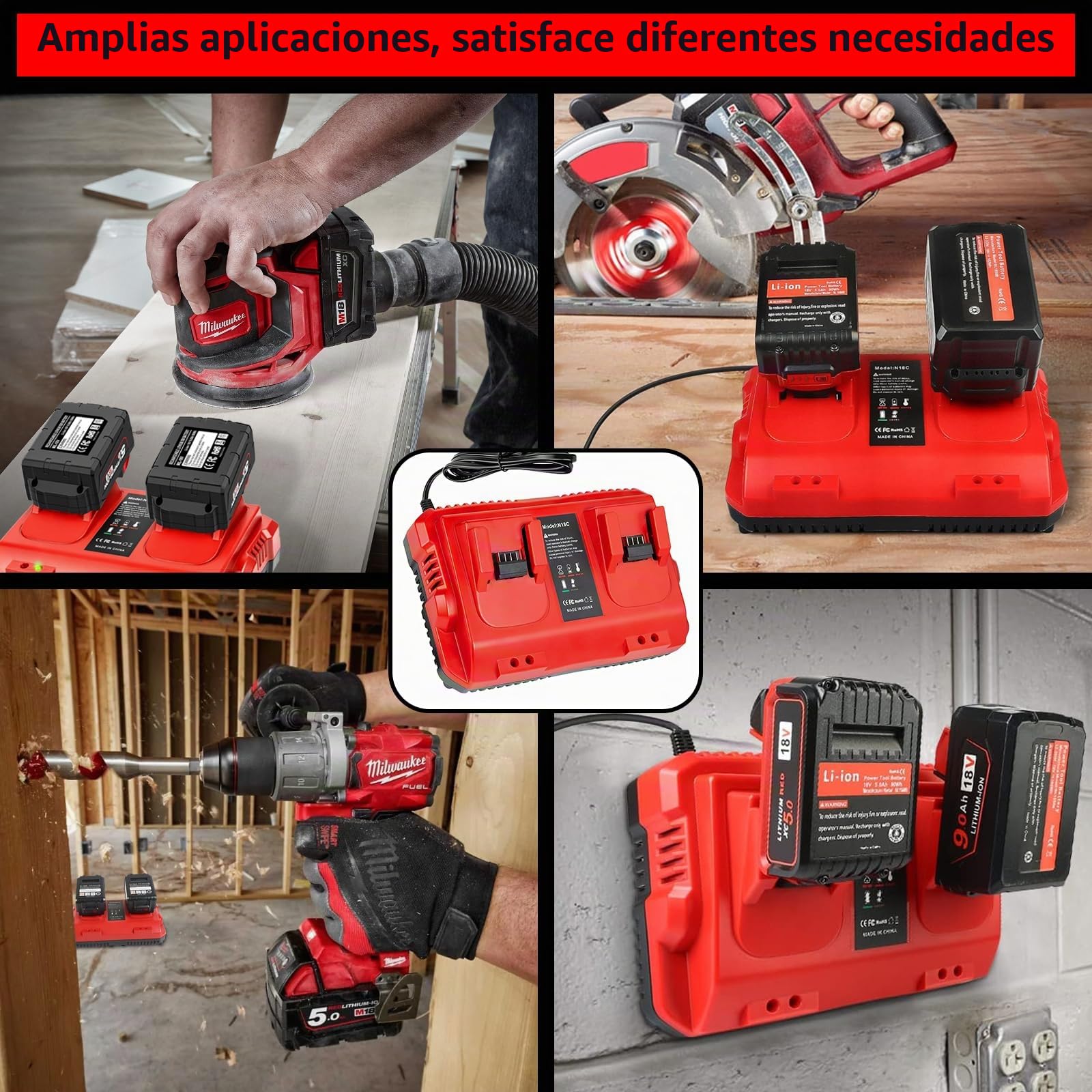 Cargador M18 Compatible con Milwaukee 18V, Doble Puerto Carga Rápida