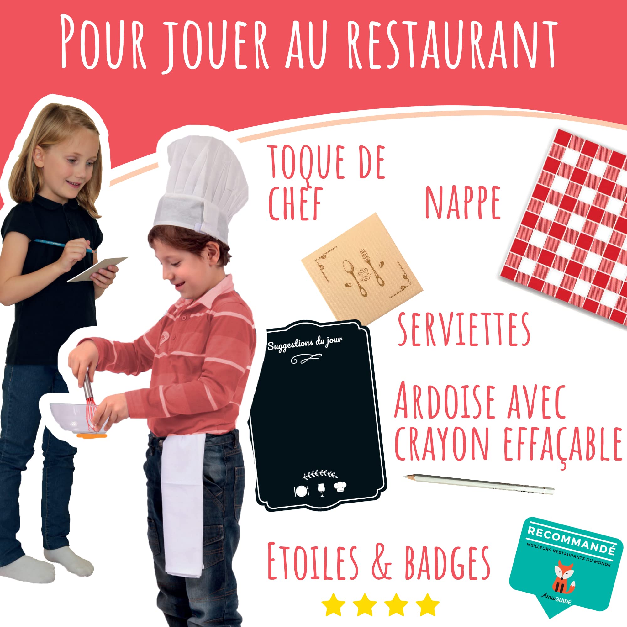 Amulette - Coffret Mon Premier Restaurant - Jeu Éducatif 5 à 10 ans - 40+ Accessoires pour Jouer à Créer son Restaurant - Jouet Cadeau Enfant Fille Garçon Métier Cuisine - Fabriqué en France - CHEF