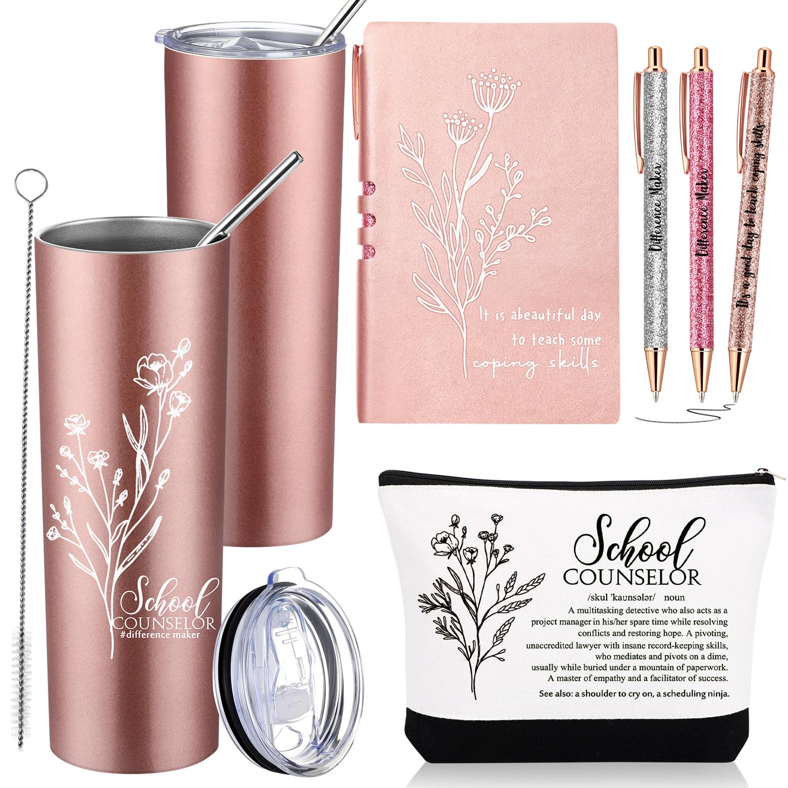 Funnymoom 6 Pcs School Counselor Appreciation Gift Set for Women Thank You Gifts 20 oz Boho Flower Tumbler Makeup Bag Journal Ballpoint High School