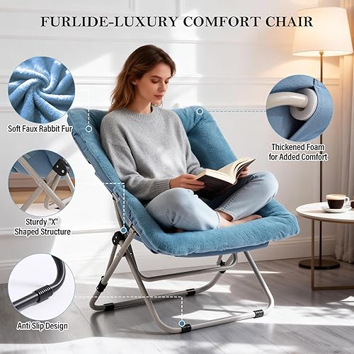 Miniatura 30 de Silla platillo, cómodas sillas de dormitorio, silla plegable de piel sintética de gran tamaño, silla plegable con marco de metal para sala de estar,