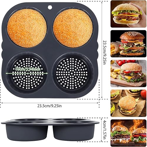 Miniatura 4 de Molde de silicona para bollo de hamburguesa con 4 cavidades, molde antiadherente para panecillos de hamburguesas flexible, fácil de liberar, lavable