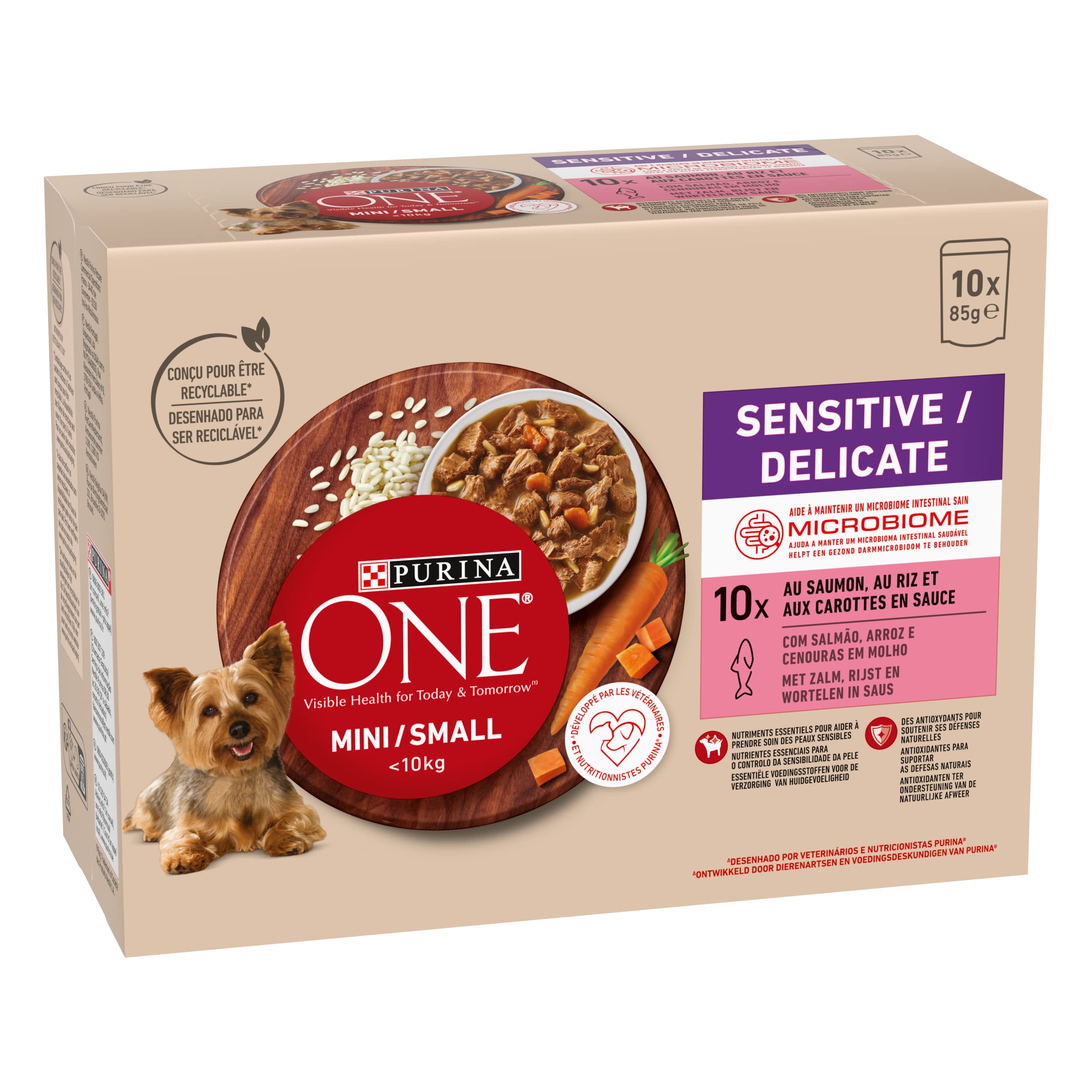 PURINA ONE Mini/S <10kg sensitiva/delicata, sbucciati con salmone, riso e carote in salsa per cani adulti di piccola taglia | digestione sensibile bustine pasto 10 x 85 g | Confezione da 6