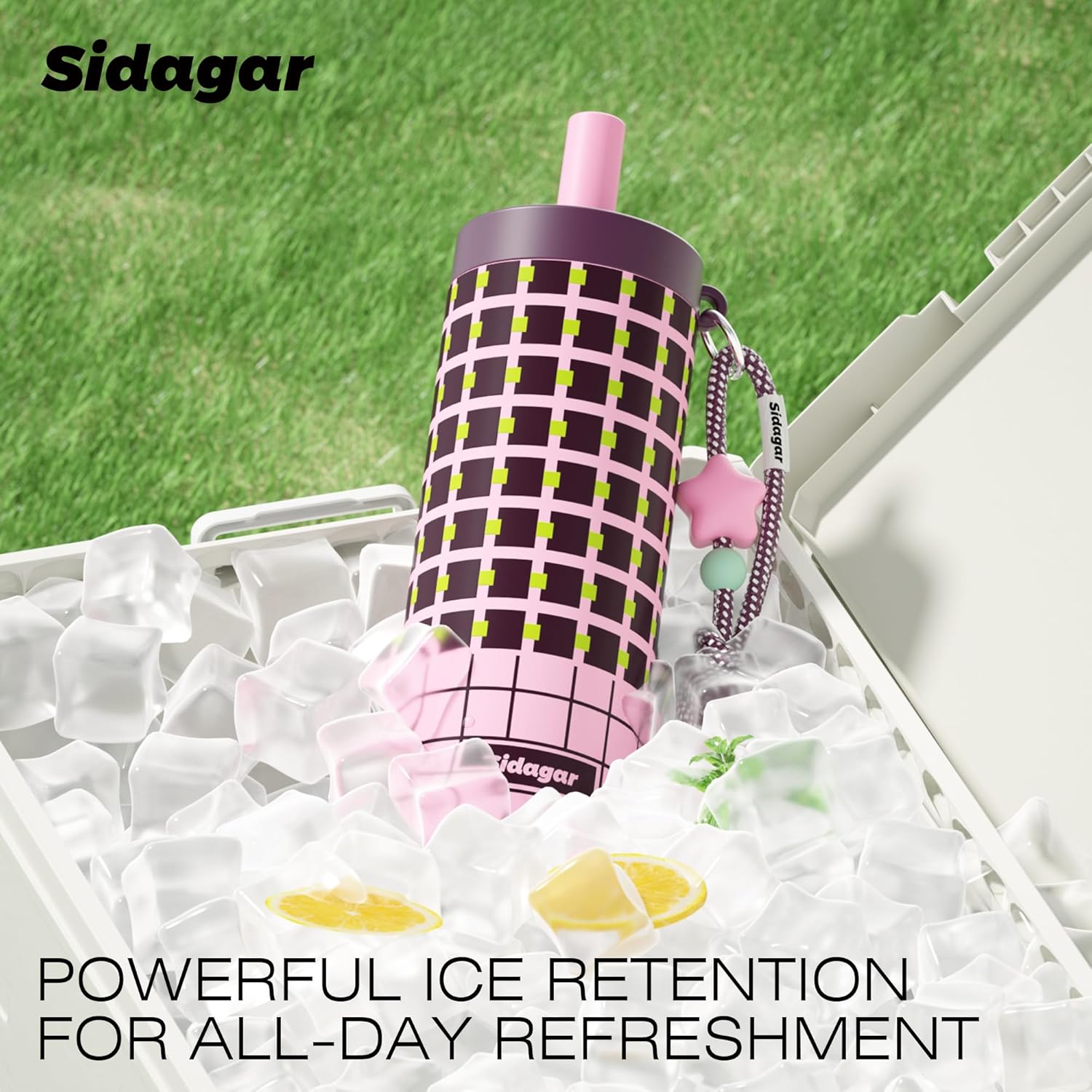 24 oz Tumbler with Handle and Straw, Leak-proof Reusable BPA-Free Cup, Balletcore Berry Pink Grid, Commute Yoga Office Travel, Picnic & Campus Essentials, Star Charm - Berry Pink - Image 4