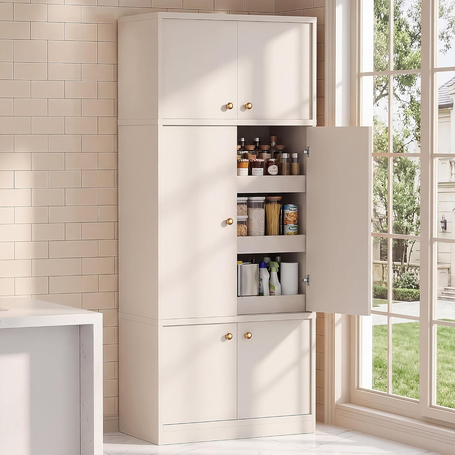 71 Inch Tall Kitchen Pantry Cabinet with Pull Out Drawers, Modular Concealed Storage Hutch, Expandable Wall System, Heavy Duty Thickened Panels, Freestanding Kitchen Organizer, White