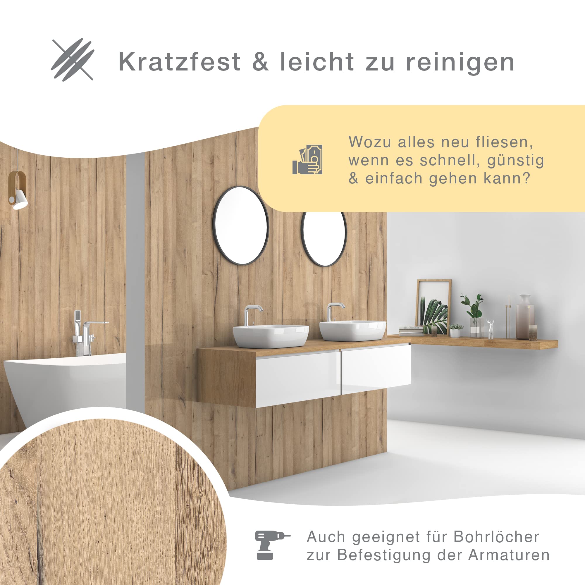 WALLando Premium Duschrückwand 250 x 100 cm – Einfach zu montierende Wandverkleidung für Dusche & Bad – Hochwertige PVC-Duschwand in Steinoptik, seidenmatt – Beton Grau