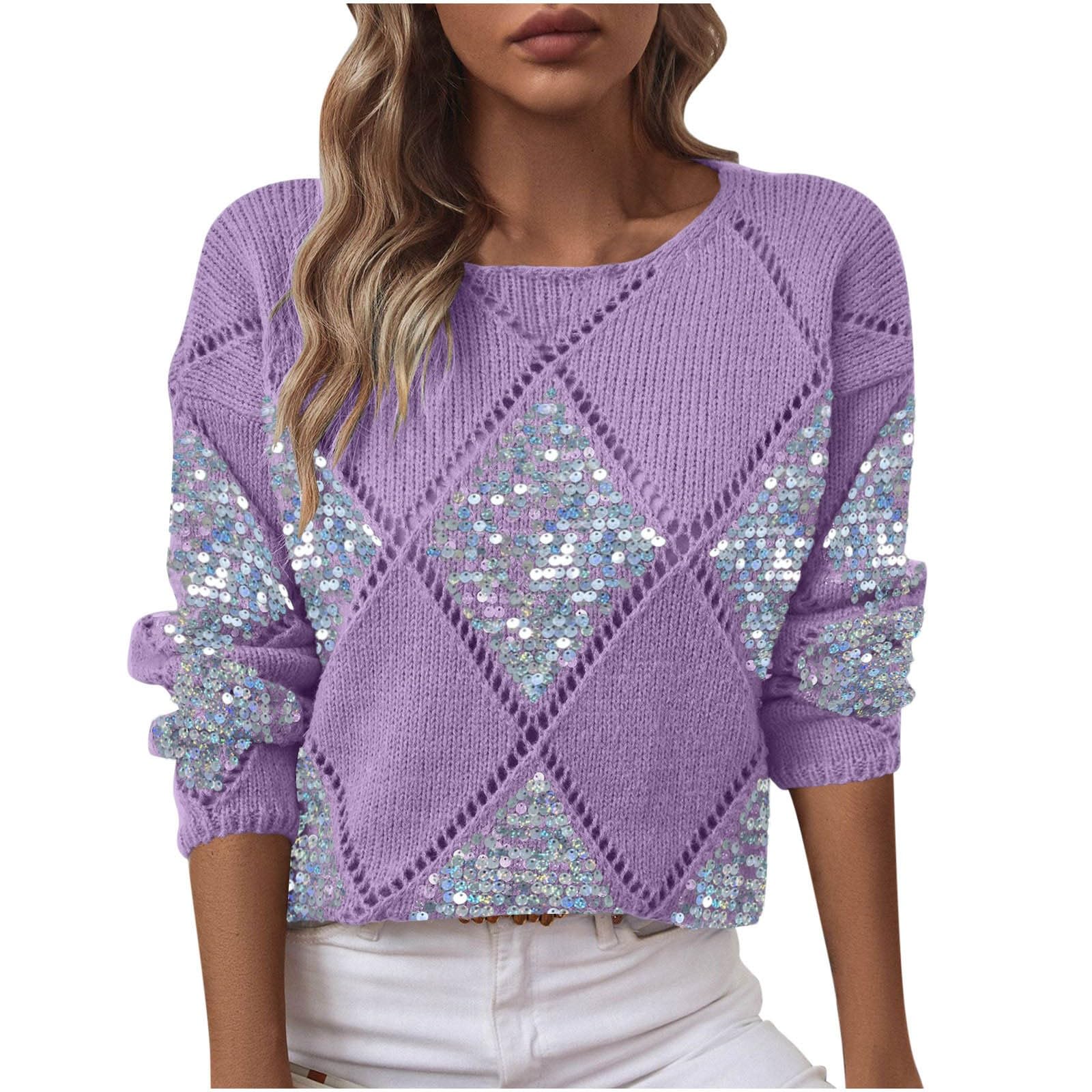 Sequin Sweaters for Women Argyle Glitter Crochet Knitting Hollow Out Pullover Sweater Fall Party Concert Outfits