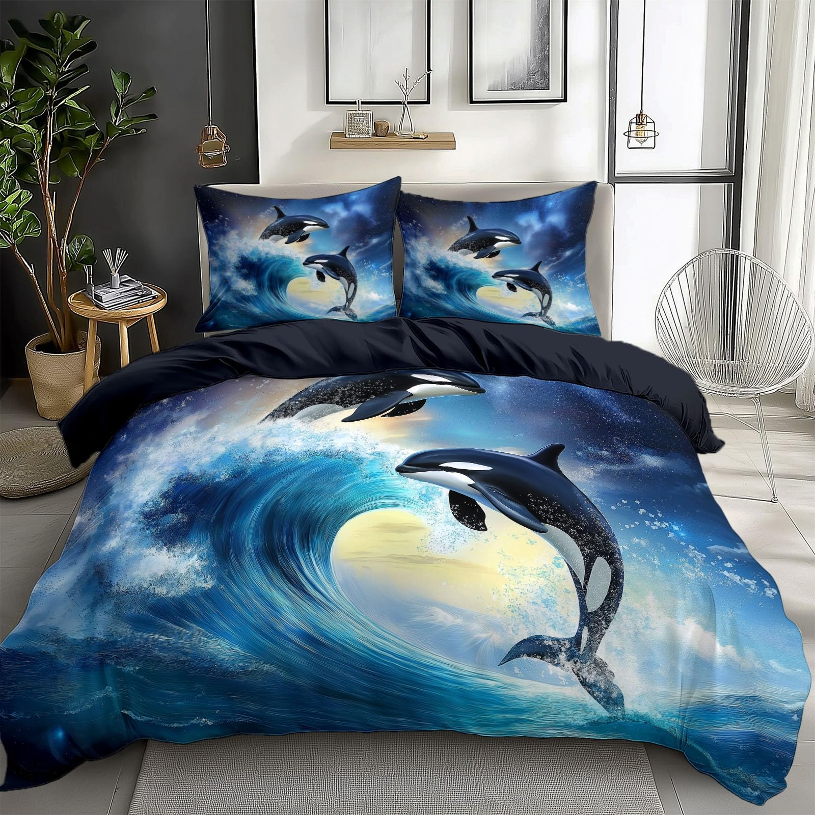 CozyRest Small Double Size Duvet Cover Sets Premium Microfiber Killer Whale Duvet Cover Printed Ultrasoft Hypoallergenic Reversible Starry Sky Duvet Covers Non Iron Stylish Bedding Set With Zipper