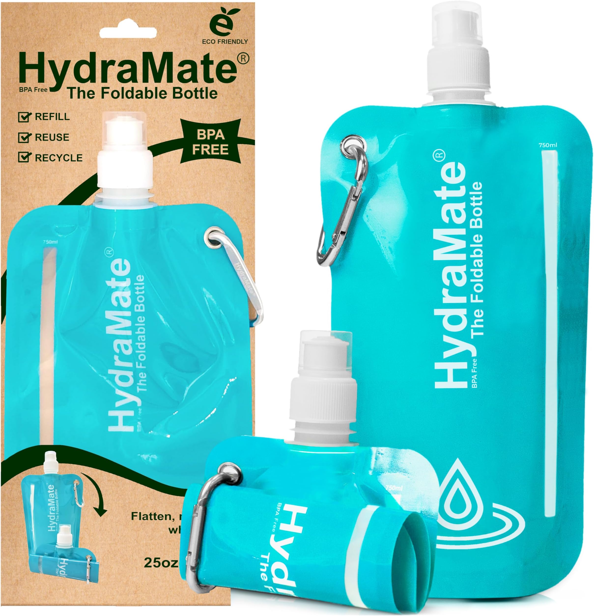 HydraMate Collapsible Water Bottle - 750ml, BPA Free. Lightweight, Foldable, Roll Up, Squeezable Pouch, Carabiner Clip - Perfect for Travel, Festivals, Hiking, Camping. Aqua