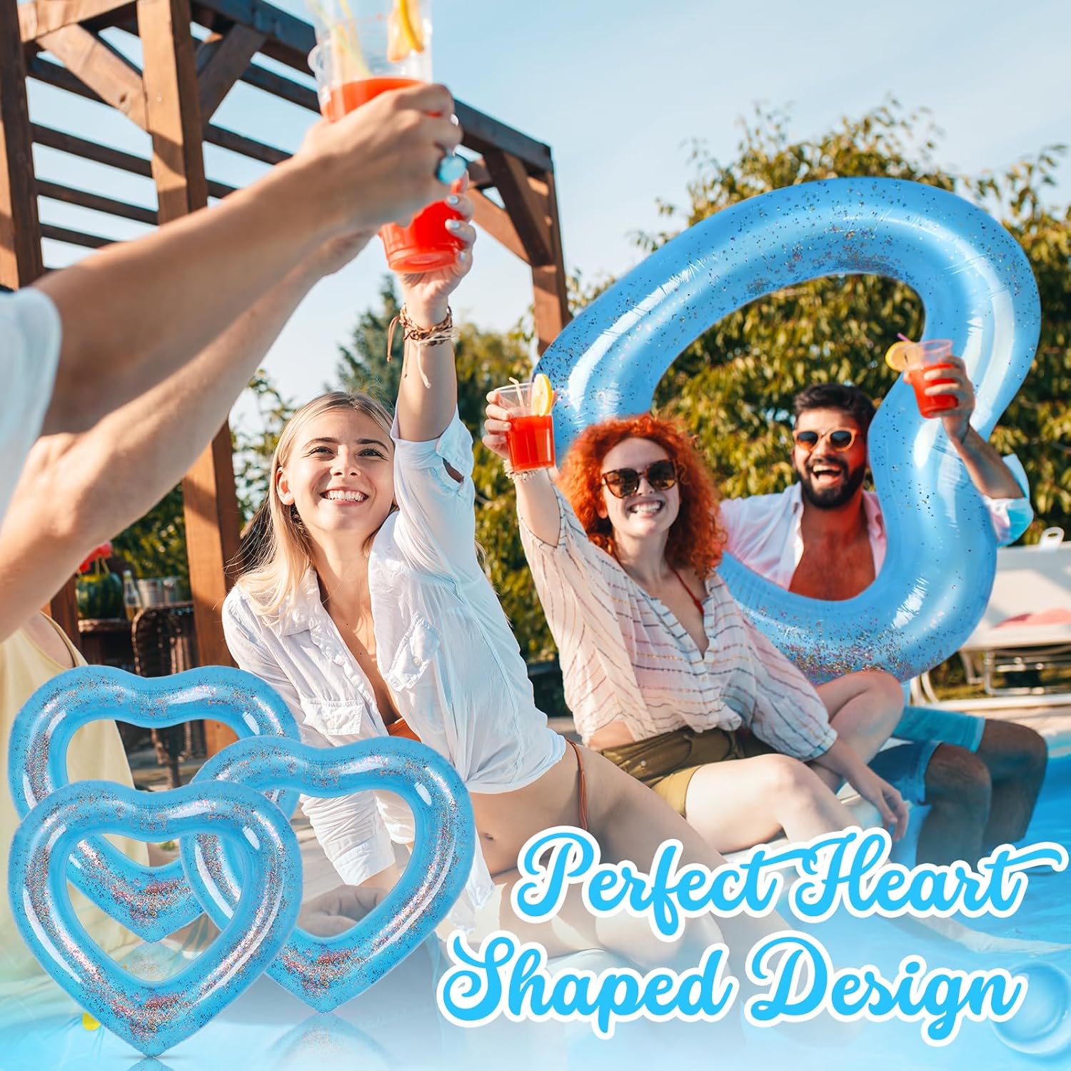 3 Pieces Inflatable Heart Pool Float, Glitter Inflatable Swim Rings Bachelorette Party Pool Float Tube, Heart Shaped Summer Swimming Ring, Water Beach Party for Adults