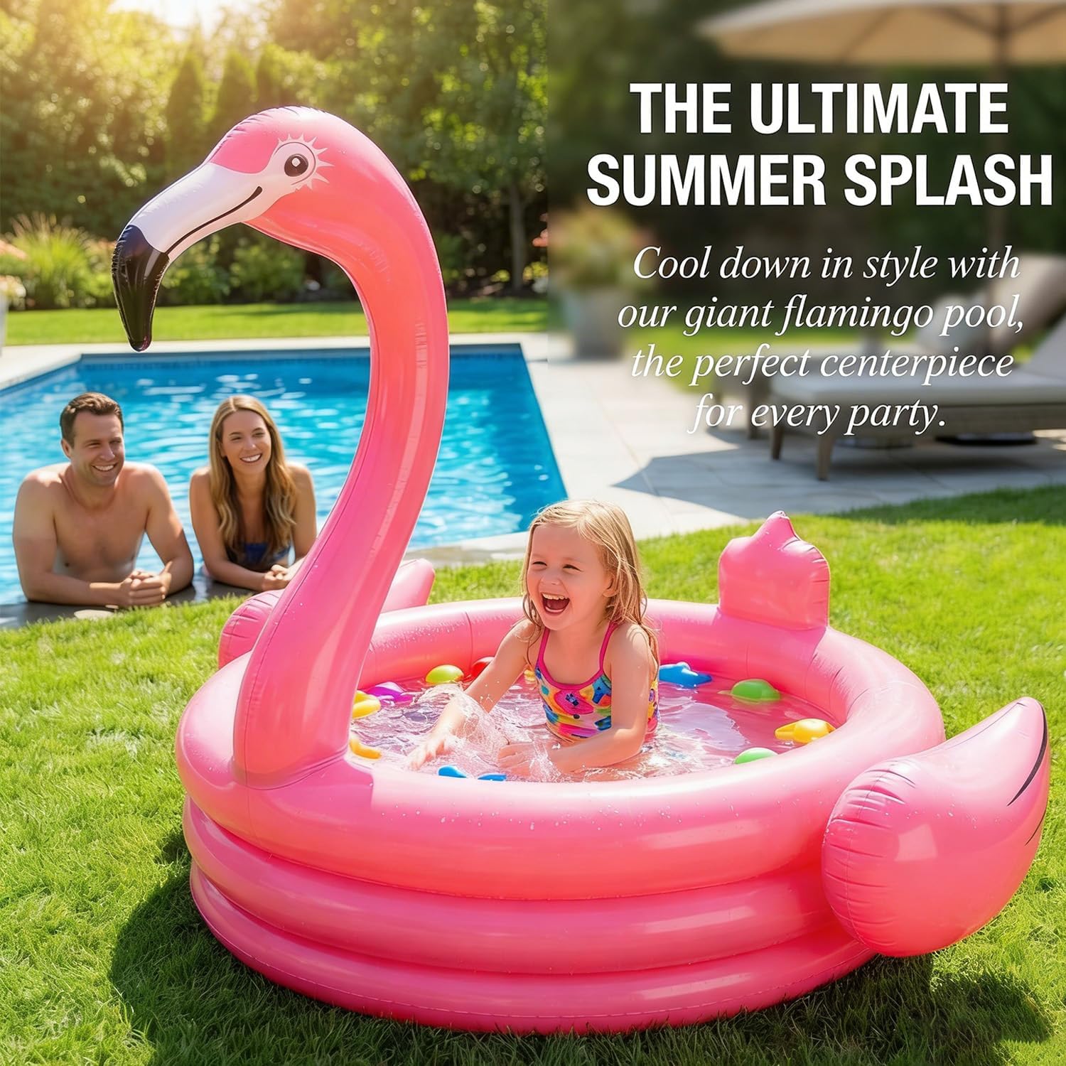 48" Inflatable Flamingo Pool Cooler, 130+ Cans Large Capacity with Quick-Drain, Kiddie Pool Ball Pit for Toddlers, Hawaiian Luau Tropical Party Decor, Summer Beach Drink Cooler