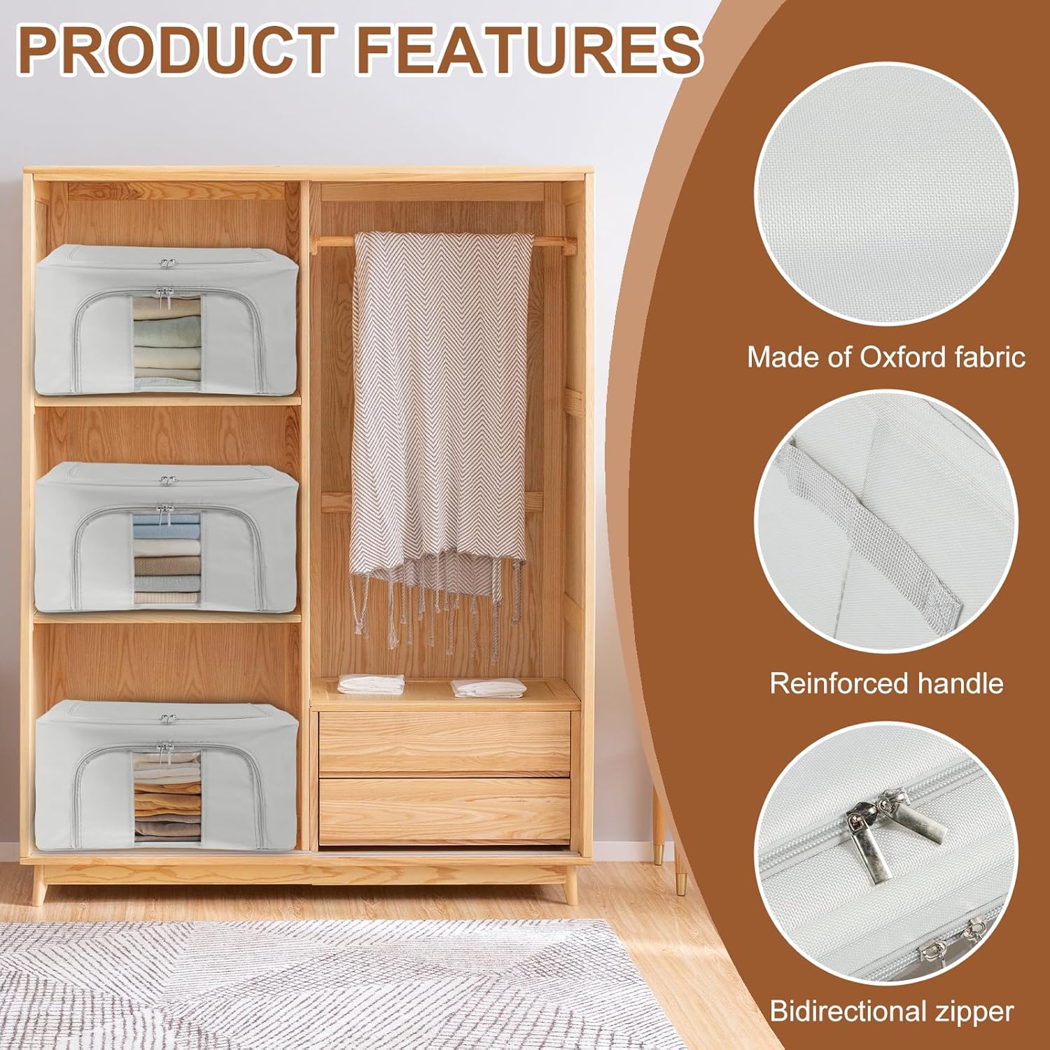 3Pcs Clothes Storage Bins Folding Stackable Closet Organizers Storage Containers Oxford Cloth Storage Bins with Lid Space Saving Clothes Storage Box with Clear Window and Two Way Zipper for Bedroom12