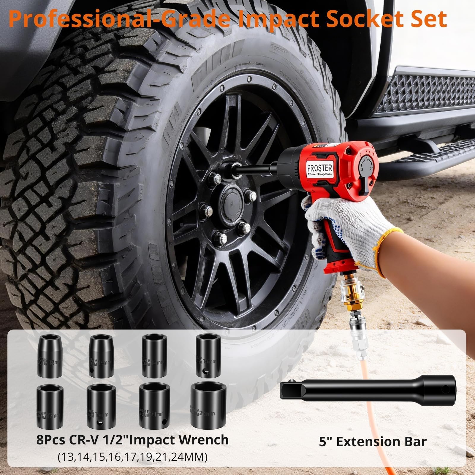 Proster Llave de Impacto Neumática Pistola de Impacto 1/2" Atornillador de Impacto Neumática 1600ft-lb/2170N.m con 8 Llaves de Vaso 13-24mm para Uso en Automoción, Talleres y Garajes