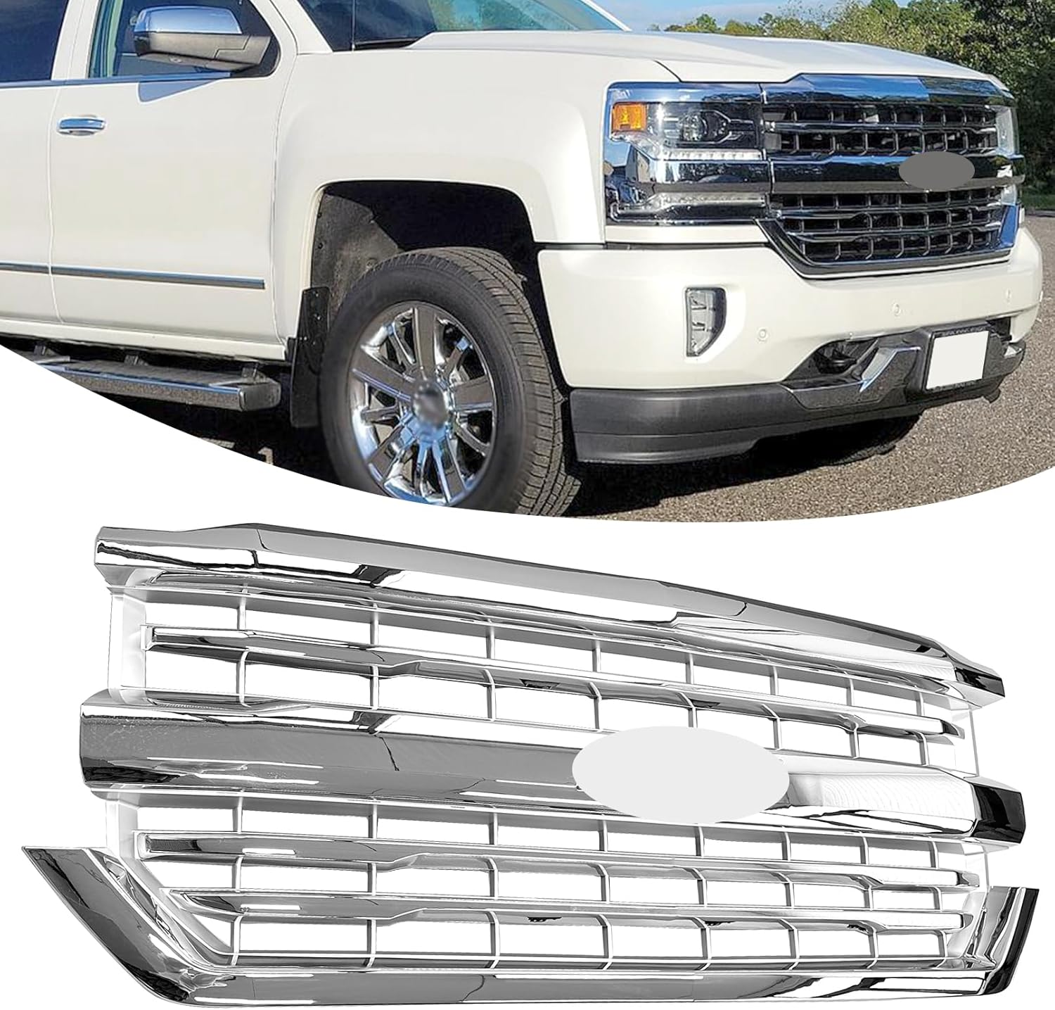 Front Grille Fit For 2016 2017 2018 Chevrolet Silverado 1500 Front Bumper Upper Chrome Grill Replacement for 84134045,84602489 (Chrome)