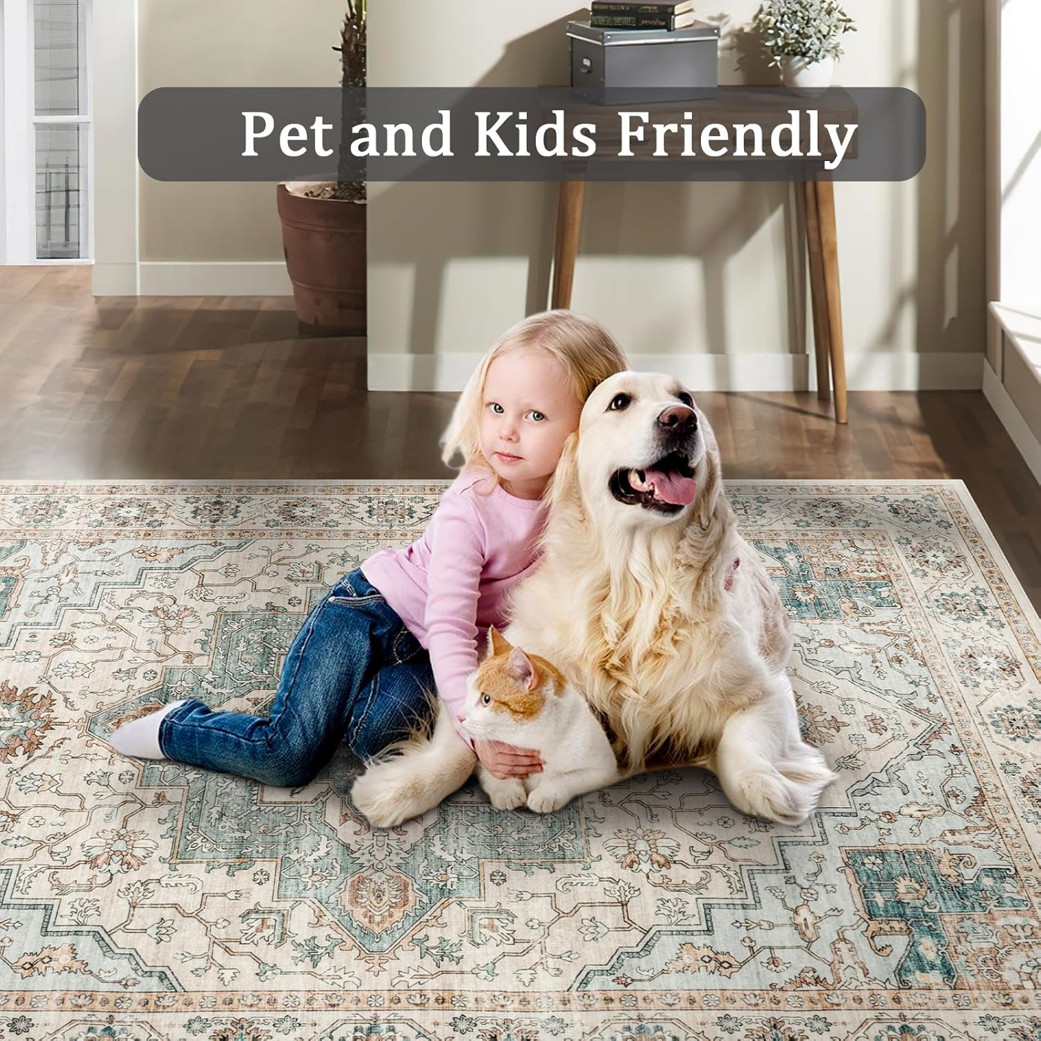 6x9 Area Rugs for Living Room, Machine Washable Non Slip Vintage Rug, Non-Slip Stain Resistant, Large Soft Home Decor Rug for Bedroom Dining Room (Green/Beige, 6'x9')