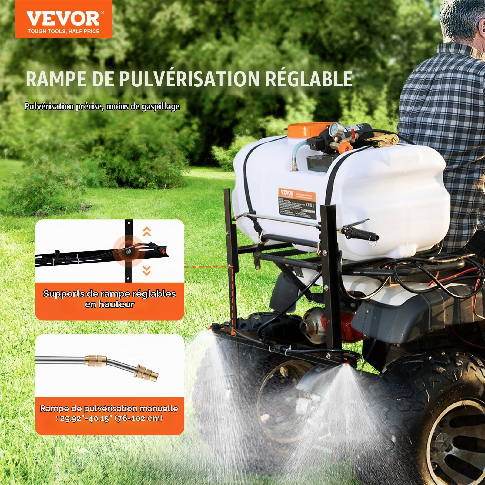 VEVOR Pulvérisateur pour VTT UTV 60 L Pulvérisateur Mauvaises Herbes Jardin à Pompe 12 V avec Réservoir d'eau, Rampe de Buses, Tuyau de 6,1 m, Débit de Pompe 7 L/Min Pression Réglable 0-72 PSI, Blanc