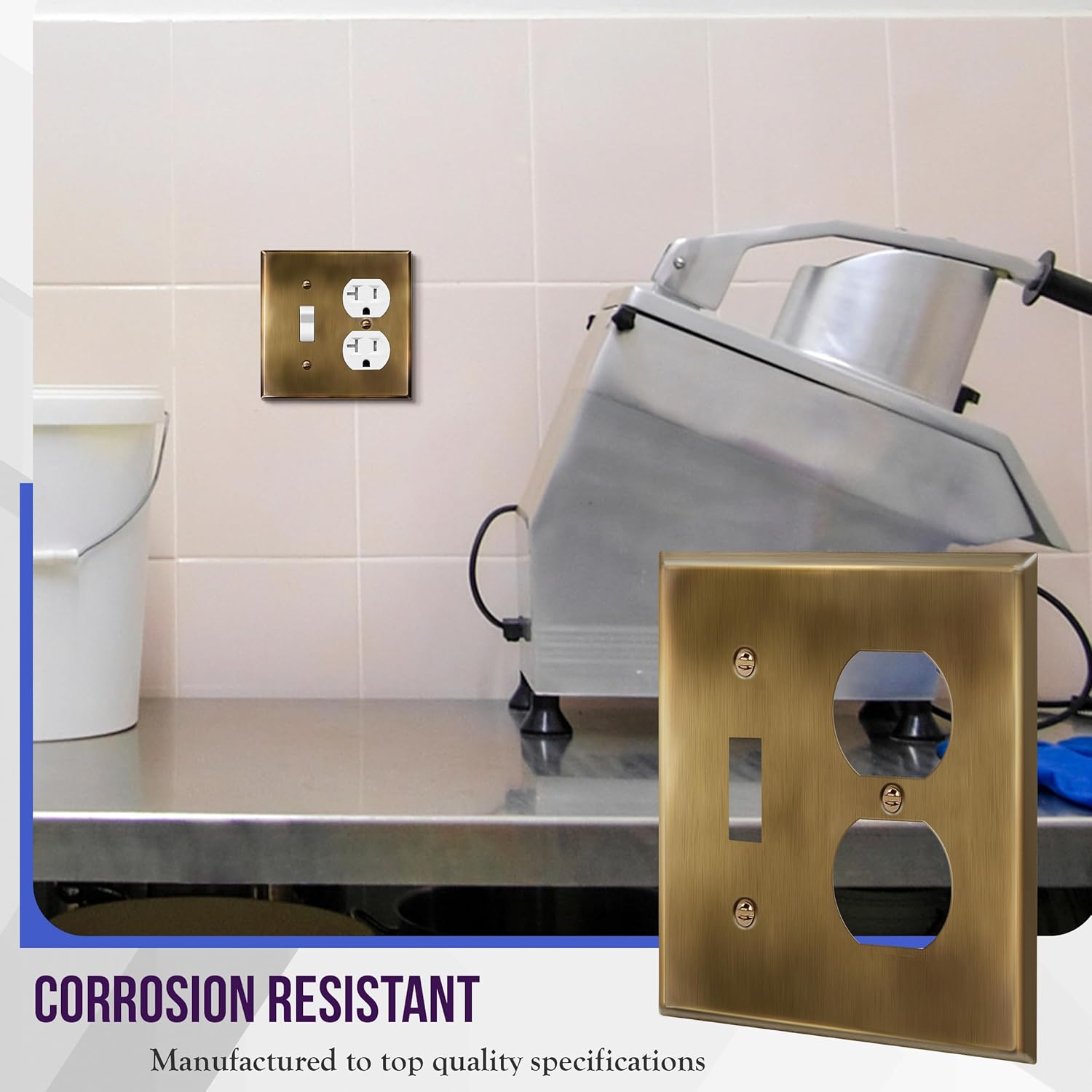 ENERLITES Combination Toggle Switch and Duplex Receptacle Metal Wall Plate, Stainless Steel 201 Outlet Cover, Corrosion-Resistant, Standard Size 2-Gang 4.50" x 4.57", 771121-AB, Antique Brass