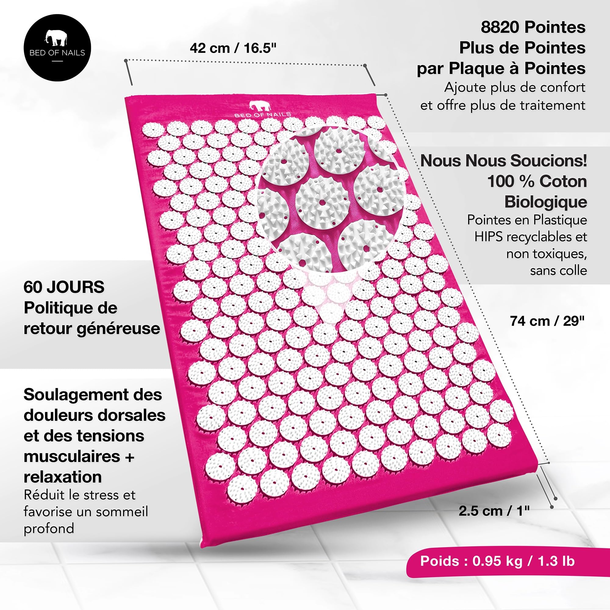 Bed of Nails Original Acupression Tapis, Acupuncture Tapis avec 8,820 Massage Tapis Pointes pour Bien-être, Augmenté Énergie, Dos Douleur Soulagement, Relaxation, 74 x 41 x 2 cm, Transport Sac, Rose