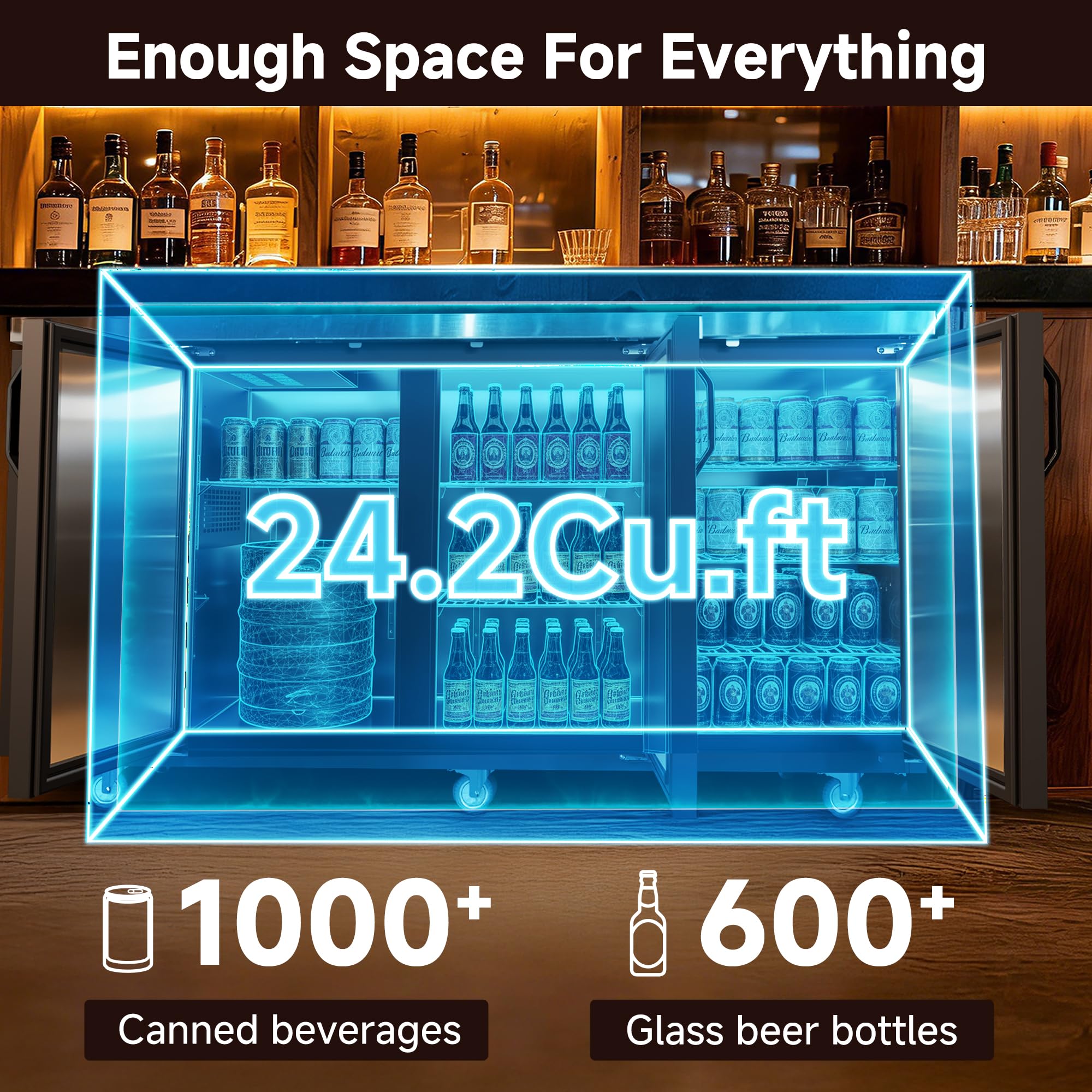 Coolake 72” W Commercial Back Bar Cooler With Stainless Steel Top, 24.2 Cu.Ft Counter Height Beverage Refrigerator, Solid Door Beer Fridge With LED Lighting For Restaurant Buffet Basement Café on Fridge.com - View 2