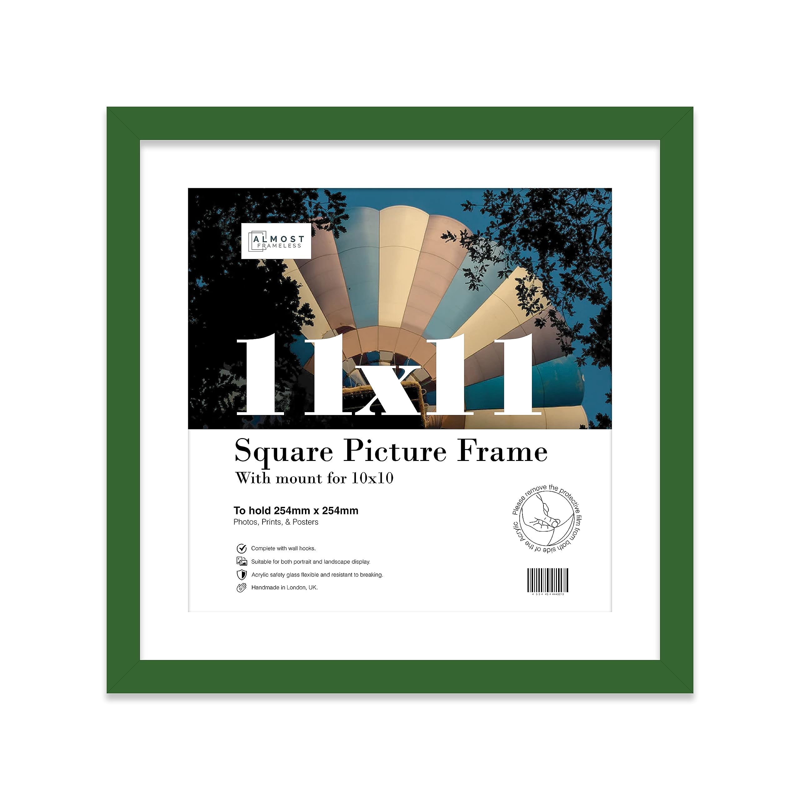 Almost Frameless 11x11 Picture Frame, Display Pictures 10x10 With Mat or 11x11 Without Mat, Wall Hanging Photo Frame, Green, 1 Pack