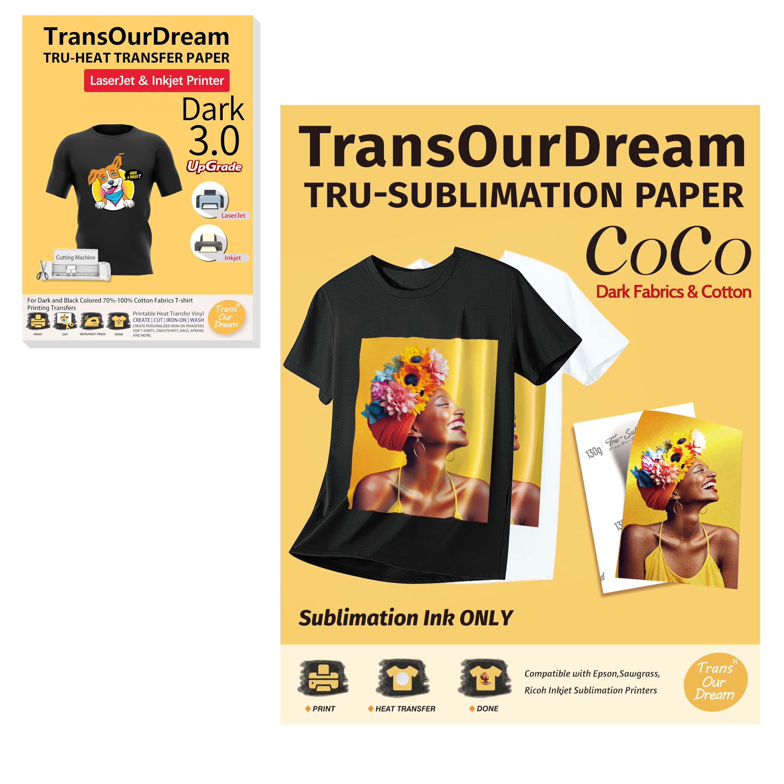 TransOurDream Tru-Sublimation Paper for dark fabric & TransOurDream Tru-Heat Transfer Paper for Inkjet & Laserjet Printer