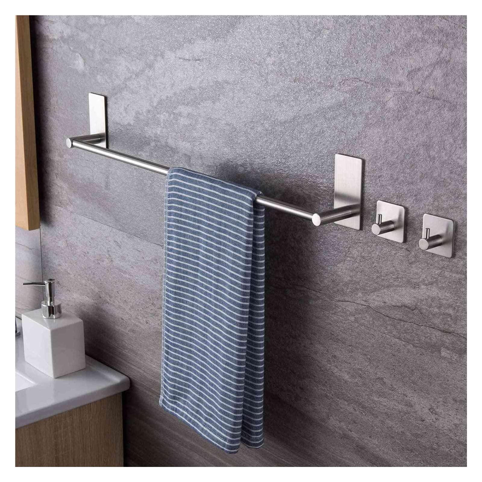 Toallero de 16 pulgadas con 2 ganchos adhesivos, toallero de mano montado en la pared, accesorios de baño plateados, fácil instalación, gancho de toalla para uso doméstico