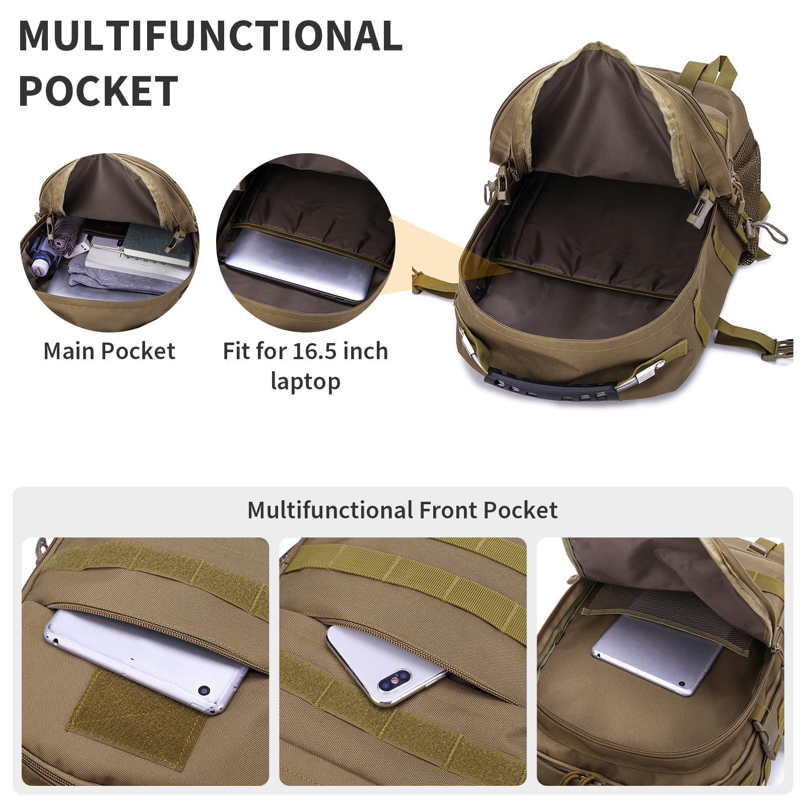 HUNTVP Mochila táctica militar de 40 L, mochila grande del ejército de 3 días, mochila de asalto Molle, mochila de caza WR, Marrón oscuro, Mochila táctica Militray, mochila táctica de senderismo