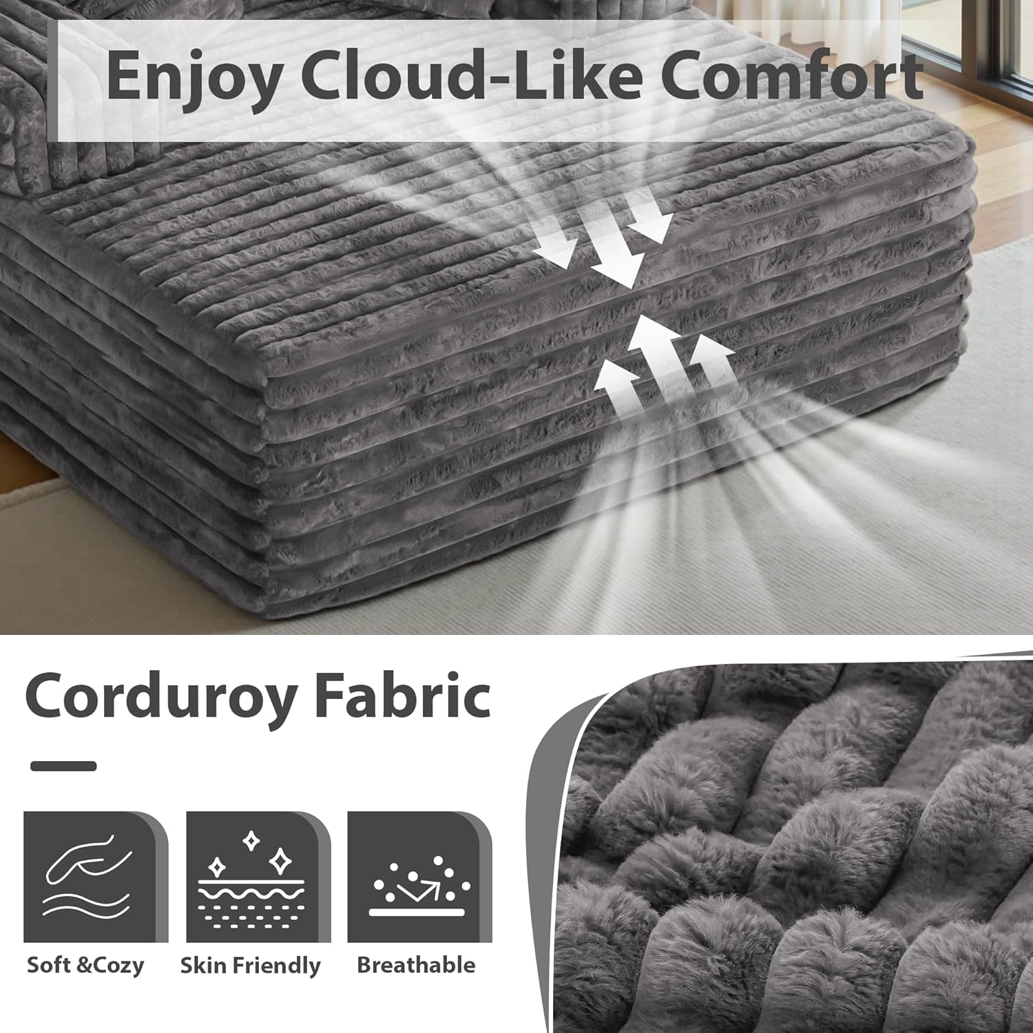 67"L Oversized Boneless Chaise Lounge Chair Indoor, Comfy Corduroy Upholstered Reading Chair for Adults, Deep Seat Sleeper Sofa Bed, Fluffy Cozy Cloud Couch for Living Room,Bedroom, No Assembly, Grey