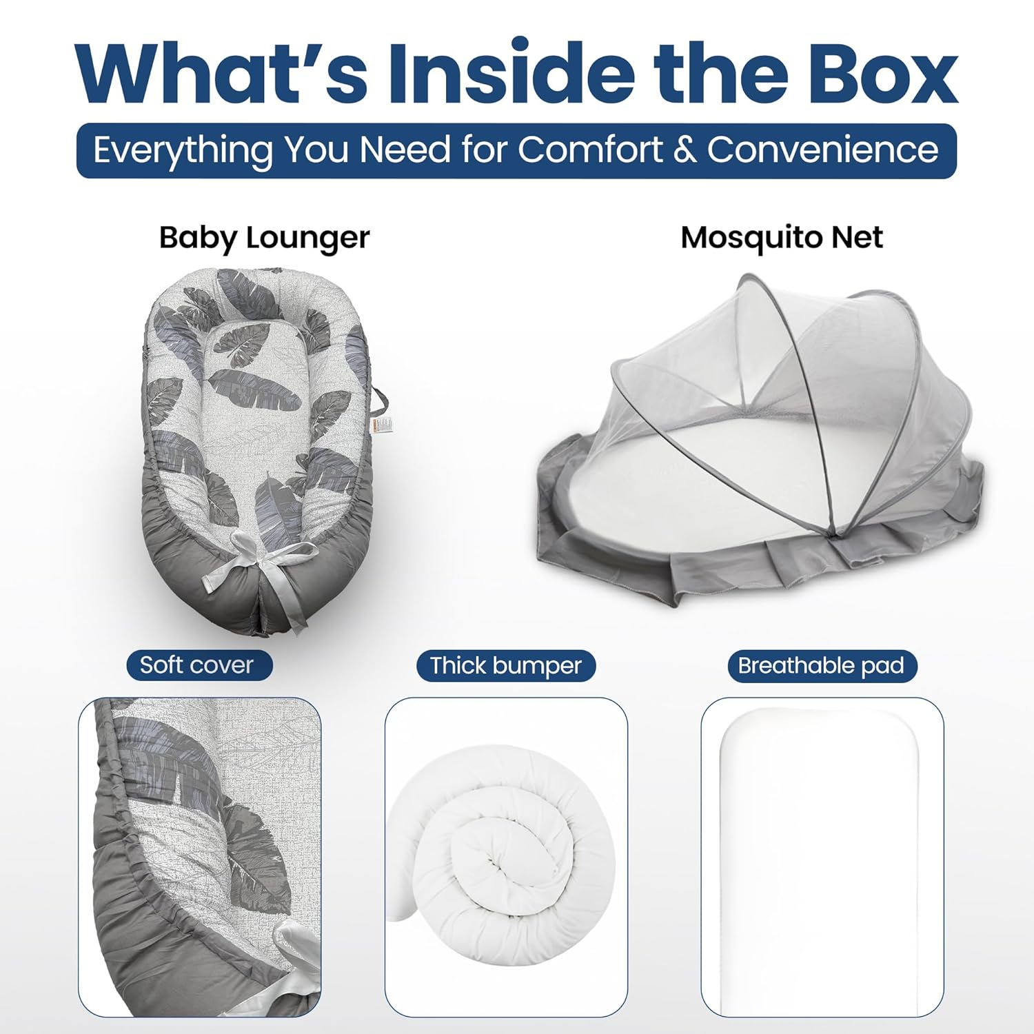 Baby Lounger for Newborn 0-24 Months, with Mosquito Net, Breathable & Soft Baby Nest, Portable & Lightweight (Grey) - Image 2