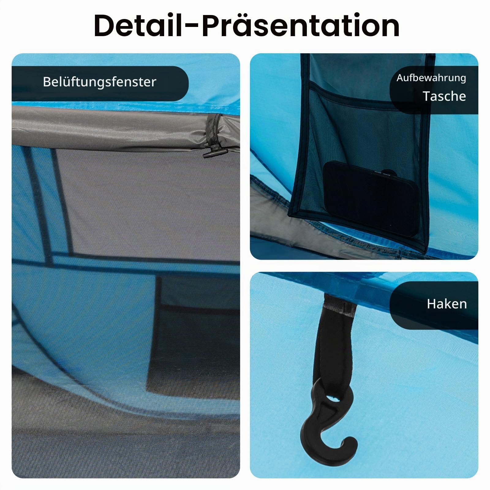Instant Pop Up Zelt 3-4 Personen, Automatisches 3-Sekunden-Zelt mit PU3000mm Wassersäule, 290x200cm Campingzelt mit Belüftung, Verstärkt & Stabil für Festival, Strand und Garten