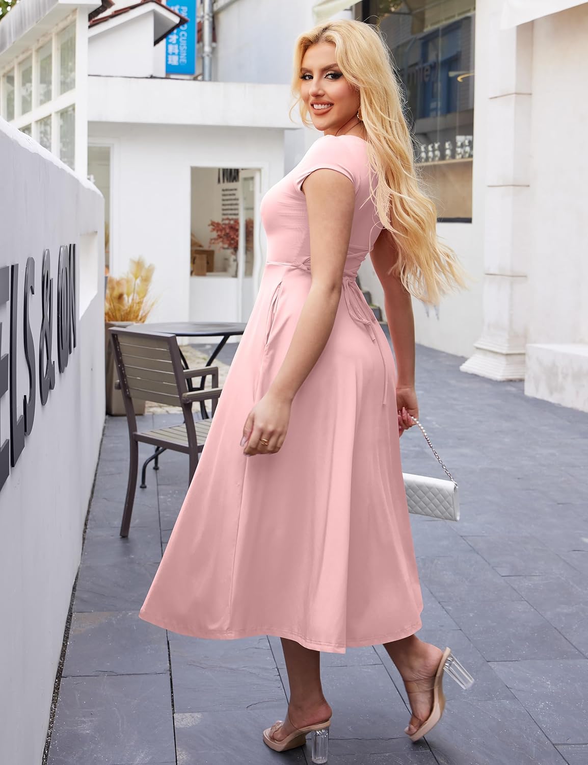 YMDUCH Women's Casual Short Sleeve Square Neck Solid Slim Flowy Maxi Dress with Pockets - Image 3