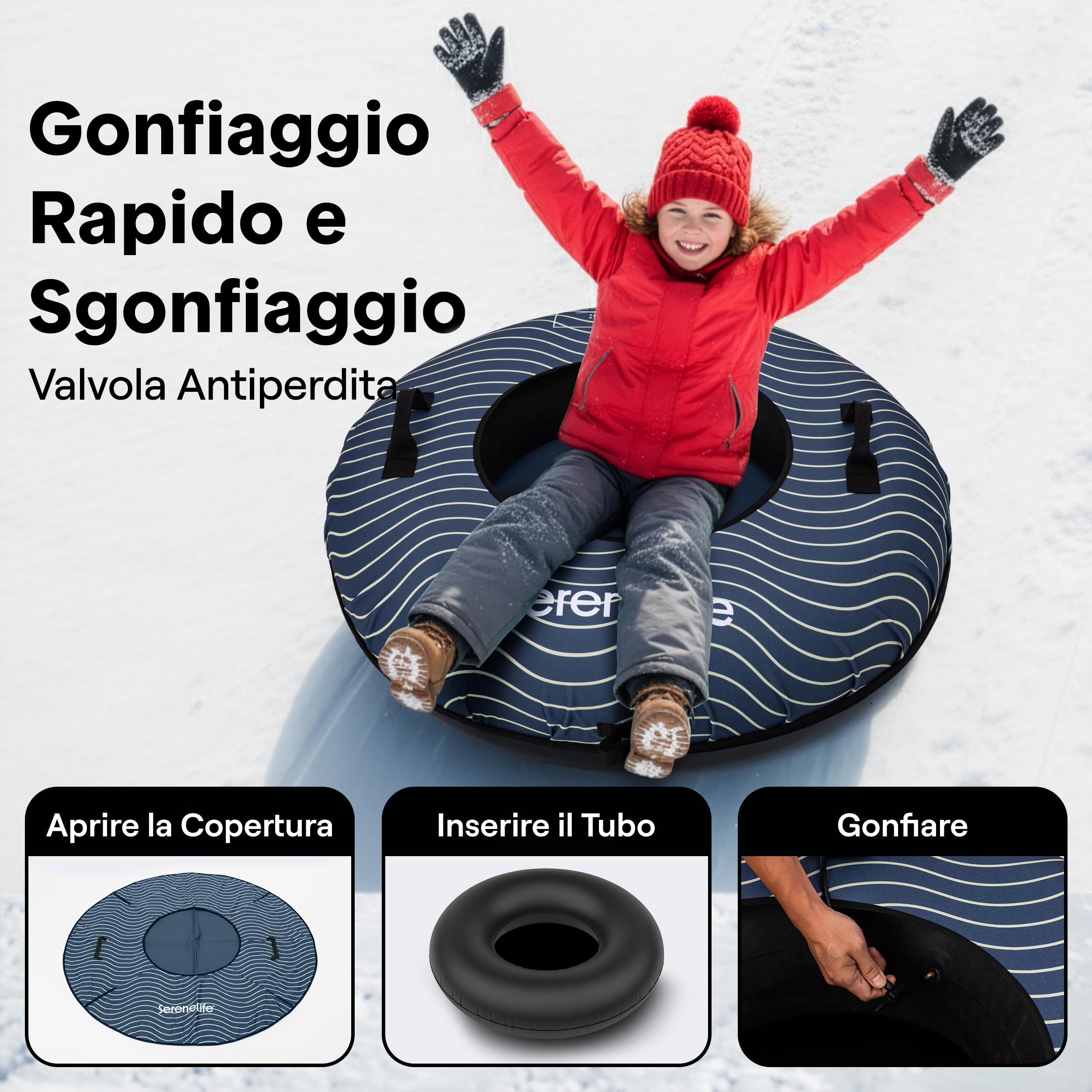 SereneLife Slitta da Neve, Slittino da Neve 102 cm, per Tutte le Età, In Discesa per Sport Invernali, Fondo Rigido in Plastica Resistente, Tubo Gonfiabile, Rivestimento Oxford, Per Bambini E Adulti
